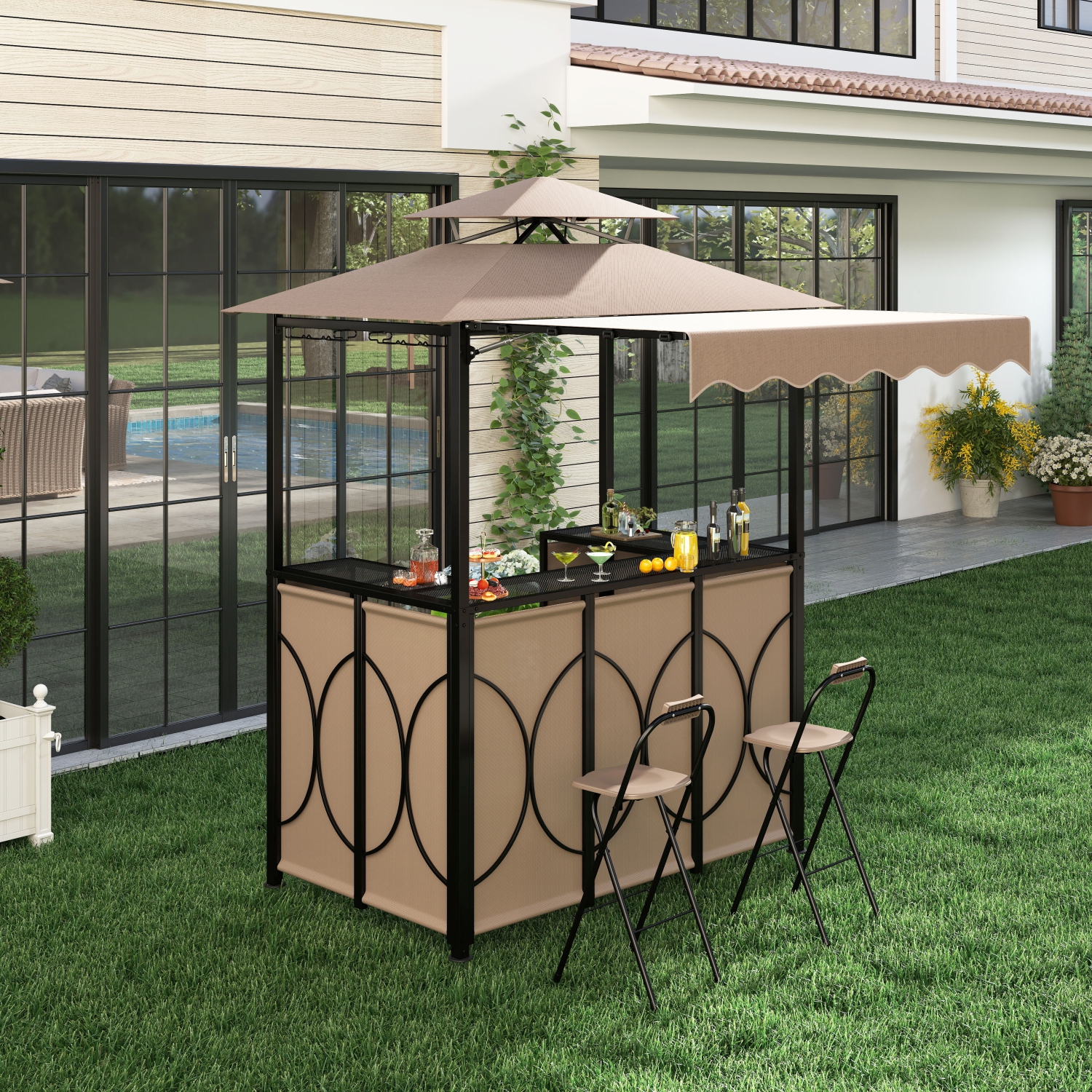 Gymax 3-Piece Outdoor BBQ Canopy w/ Bar Table & 2 Foldable Bar Chairs Set for Patio