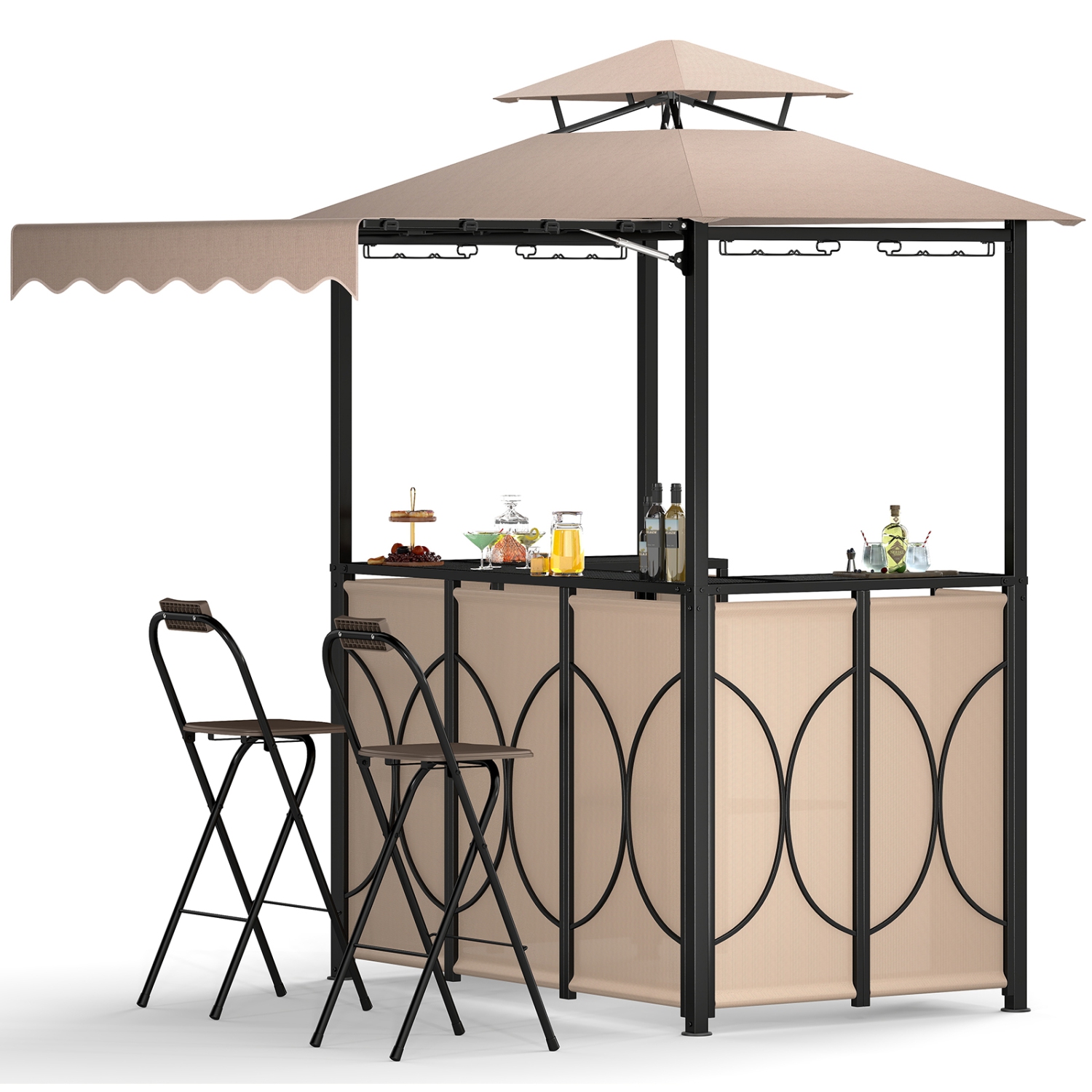 Gymax 3-Piece Outdoor BBQ Canopy w/ Bar Table & 2 Foldable Bar Chairs Set for Patio