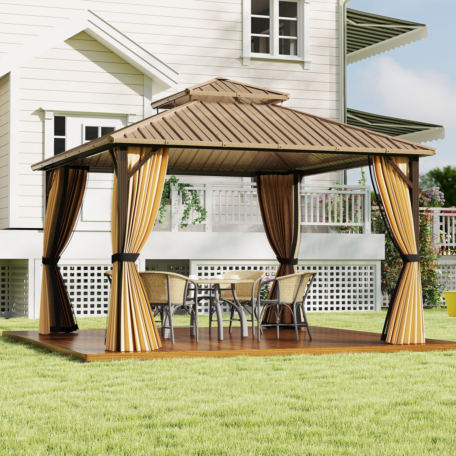 Gymax 12 x 12 FT Hardtop Gazebo w/ Netting Heavy-Duty Double-Roof Galvanized Metal Top
