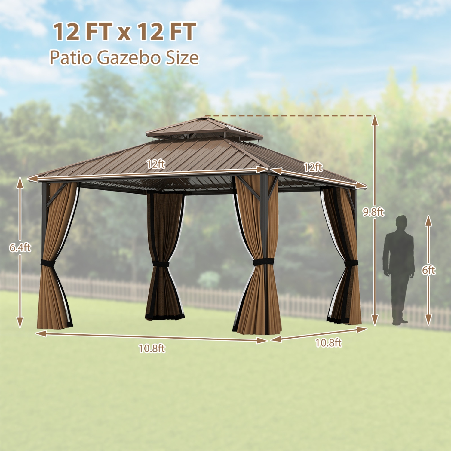 Gymax 12 x 12 FT Hardtop Gazebo w/ Netting Heavy-Duty Double-Roof Galvanized Metal Top