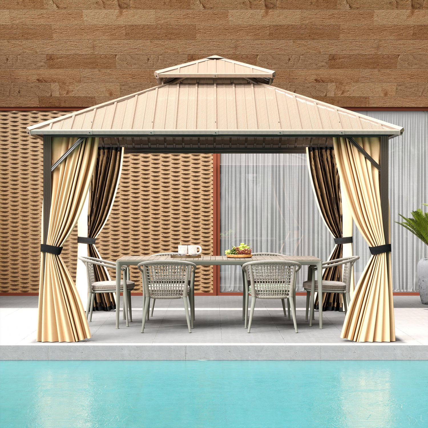 Gymax 12 x 12 FT Hardtop Gazebo w/ Netting Heavy-Duty Double-Roof Galvanized Metal Top