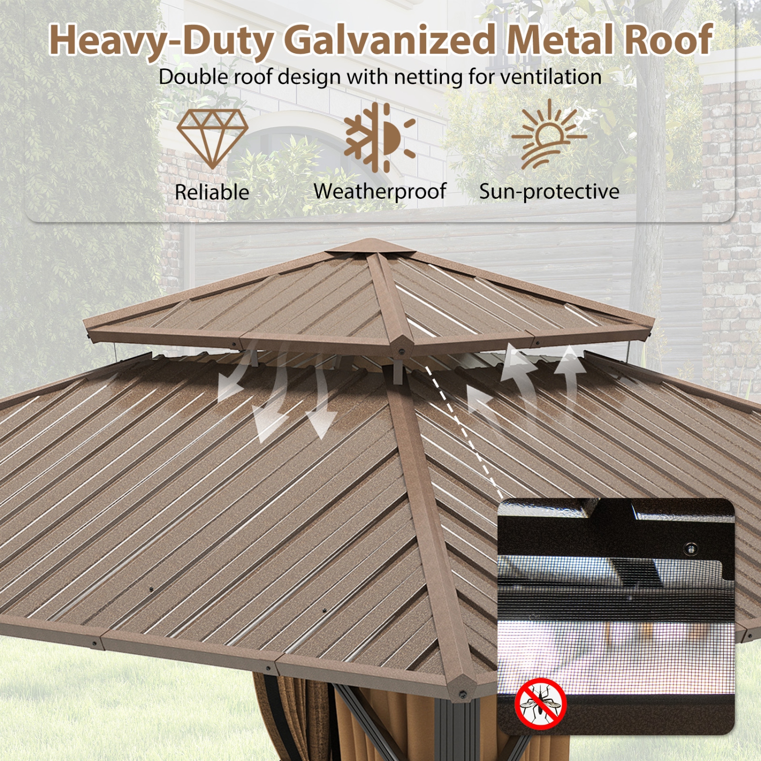 Gymax 12 x 12 FT Hardtop Gazebo w/ Netting Heavy-Duty Double-Roof Galvanized Metal Top