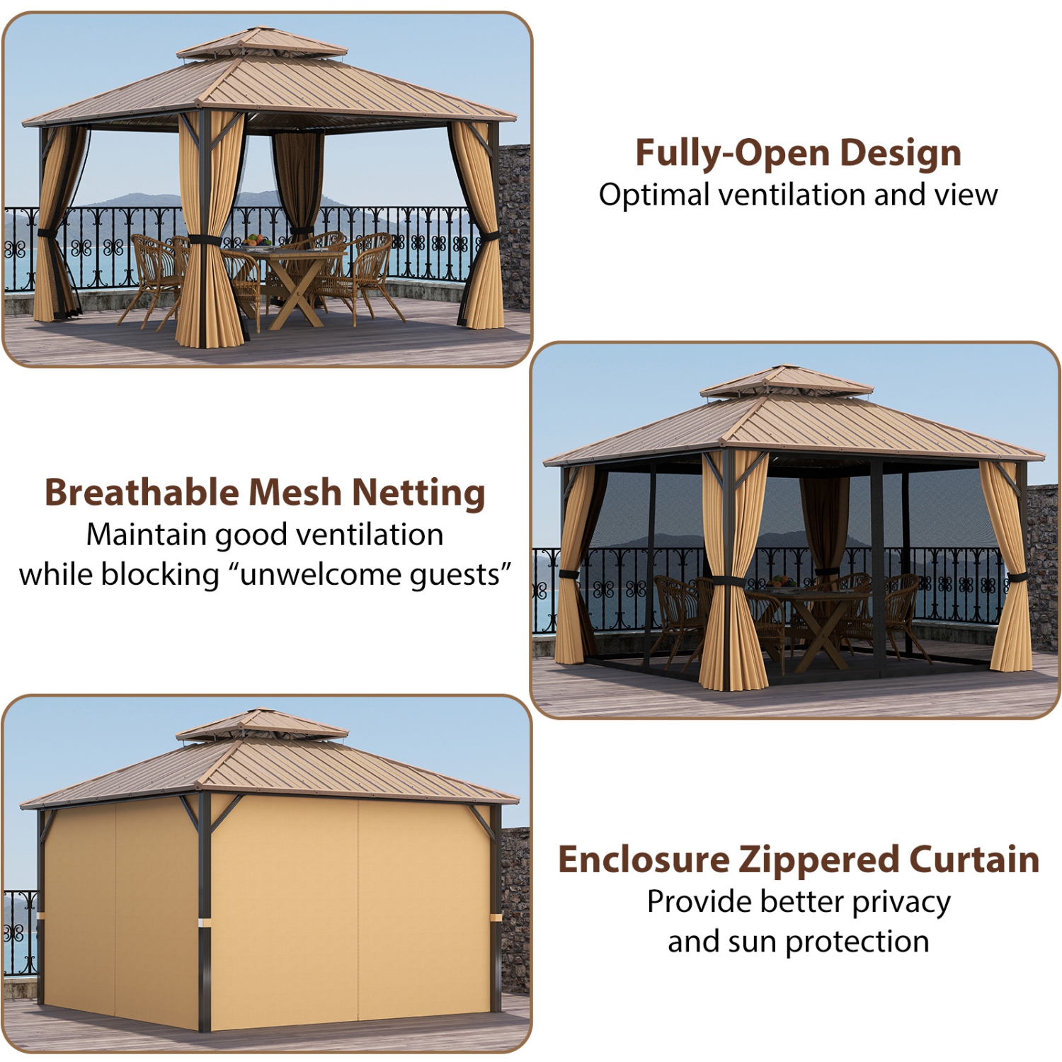 Gymax 12 x 12 FT Hardtop Gazebo w/ Netting Heavy-Duty Double-Roof Galvanized Metal Top