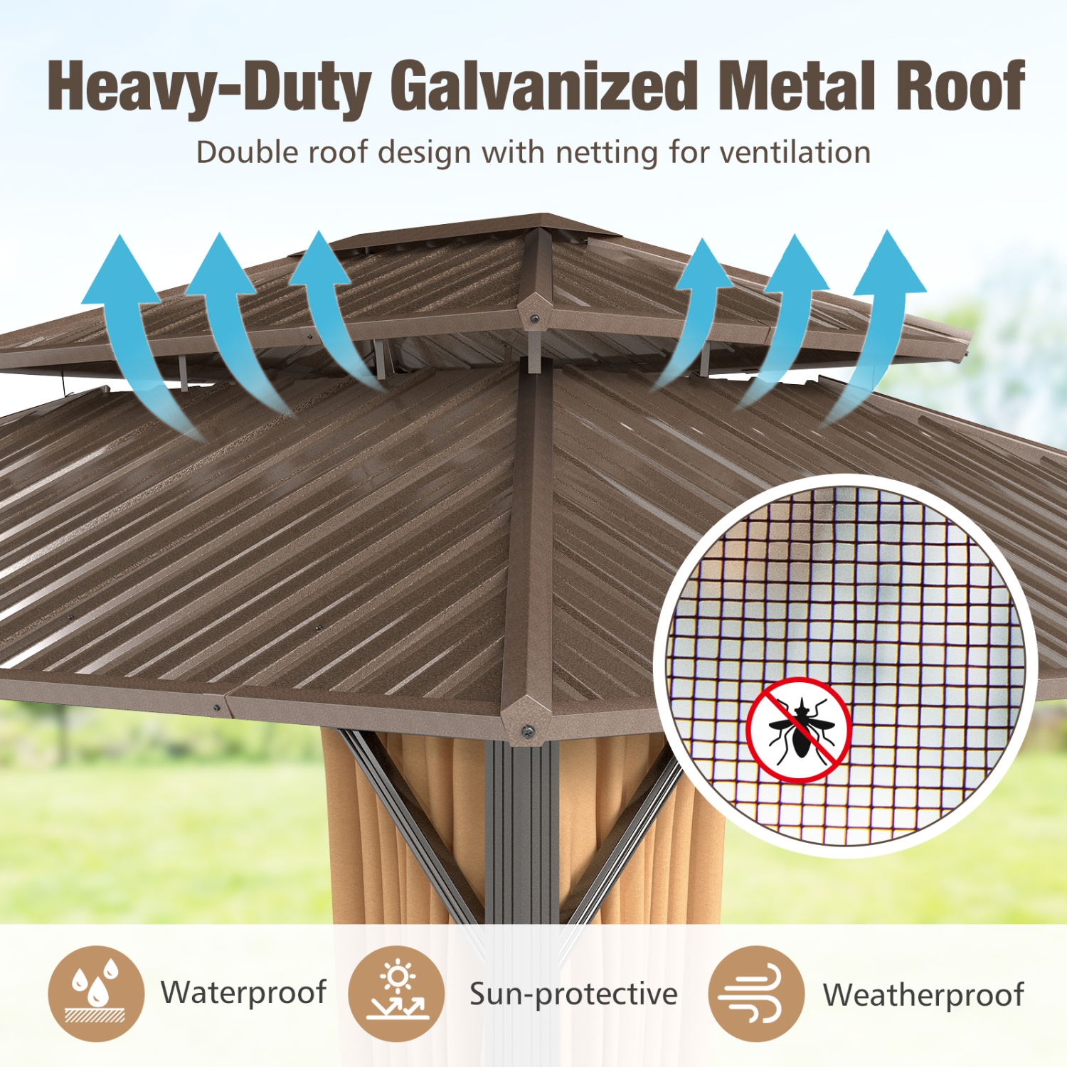 Gymax 14 x 12 FT Hardtop Gazebo w/ Netting Heavy-Duty Double-Roof Galvanized Metal Top