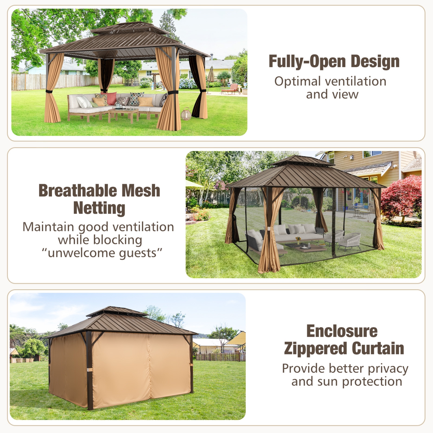 Gymax 14 x 12 FT Hardtop Gazebo w/ Netting Heavy-Duty Double-Roof Galvanized Metal Top