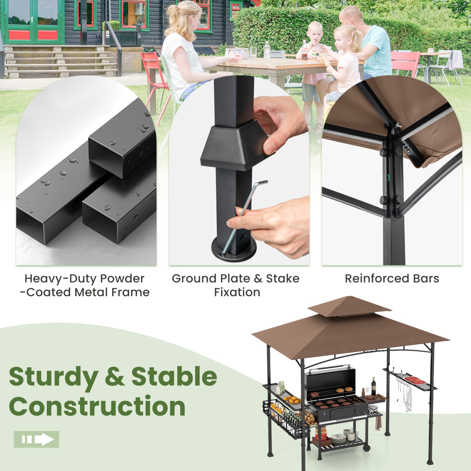 Gymax 8 x 5 FT BBQ Grill Gazebo w/ 2 Side Shelves Storage Basket Hanging Hooks Outdoor