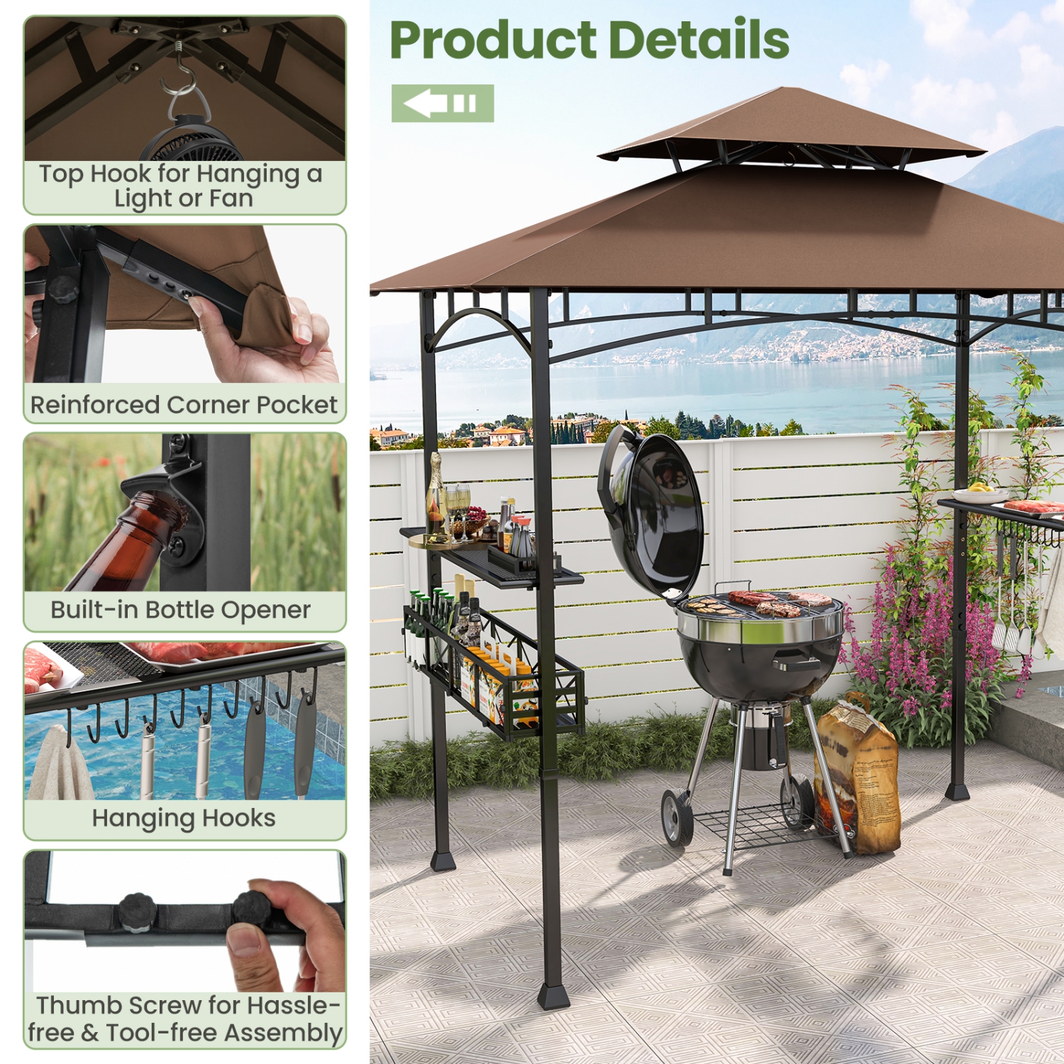 Gymax 8 x 5 FT BBQ Grill Gazebo w/ 2 Side Shelves Storage Basket Hanging Hooks Outdoor