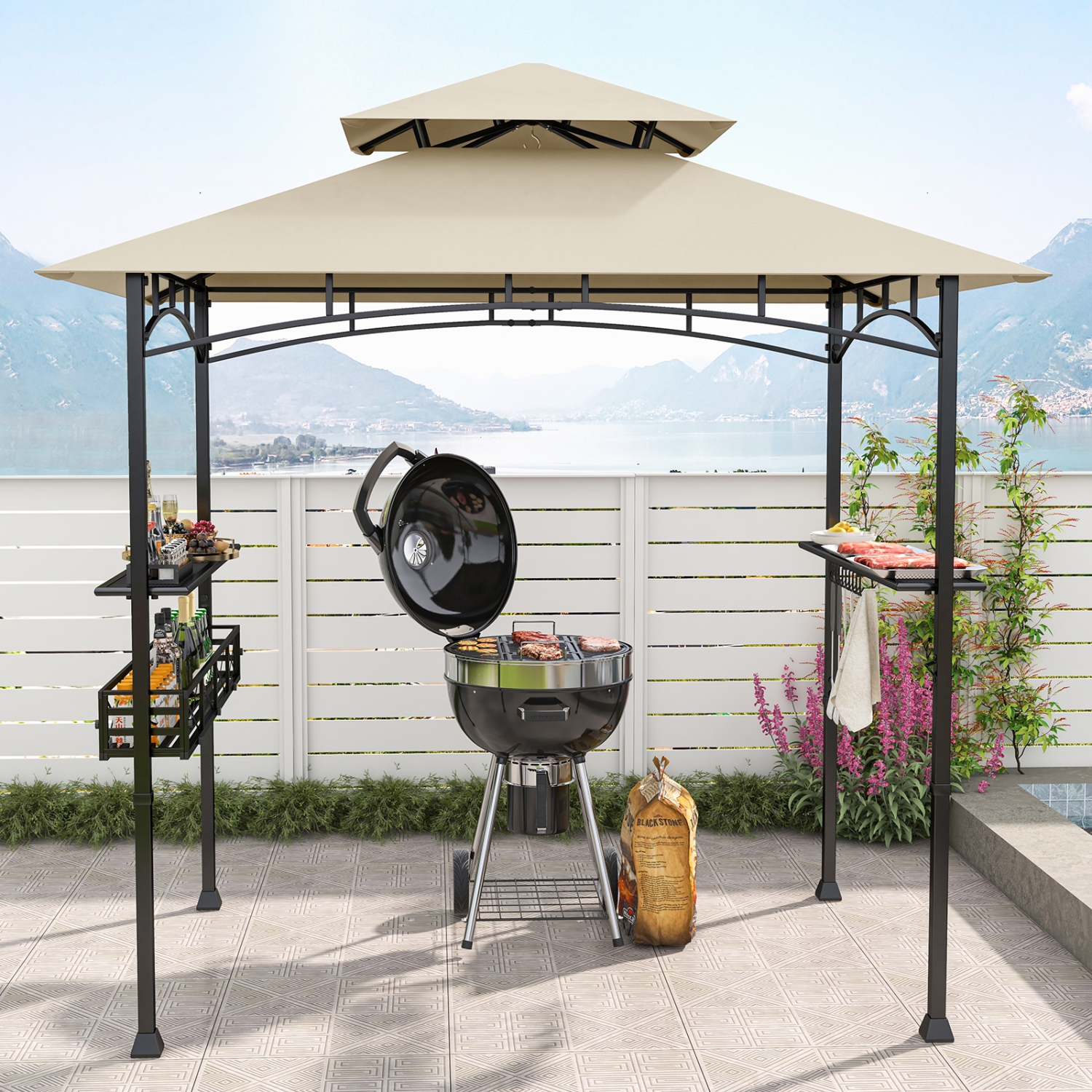 Gymax 8 x 5 FT BBQ Grill Gazebo w/ 2 Side Shelves Storage Basket Hanging Hooks Outdoor
