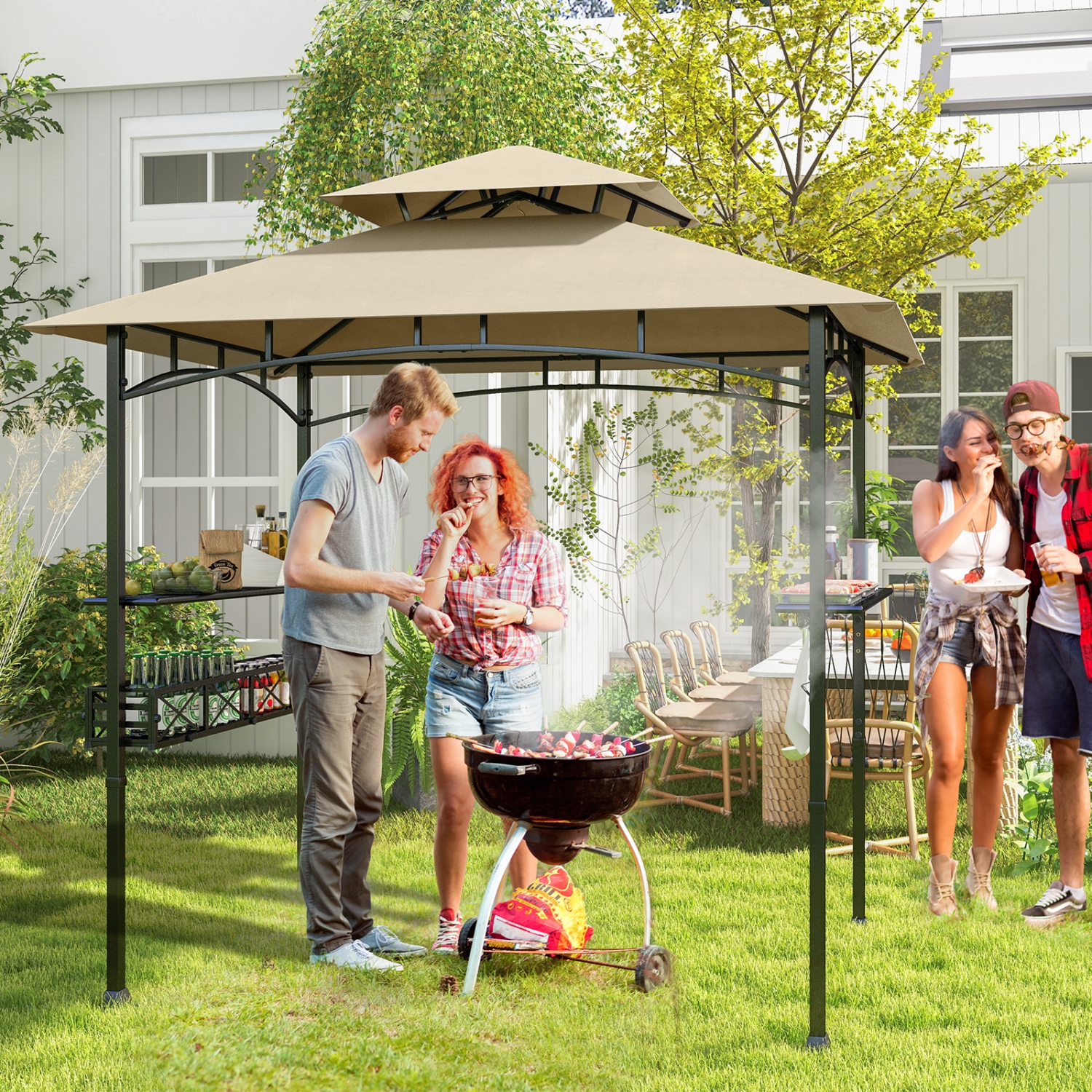 Gymax 8 x 5 FT BBQ Grill Gazebo w/ 2 Side Shelves Storage Basket Hanging Hooks Outdoor