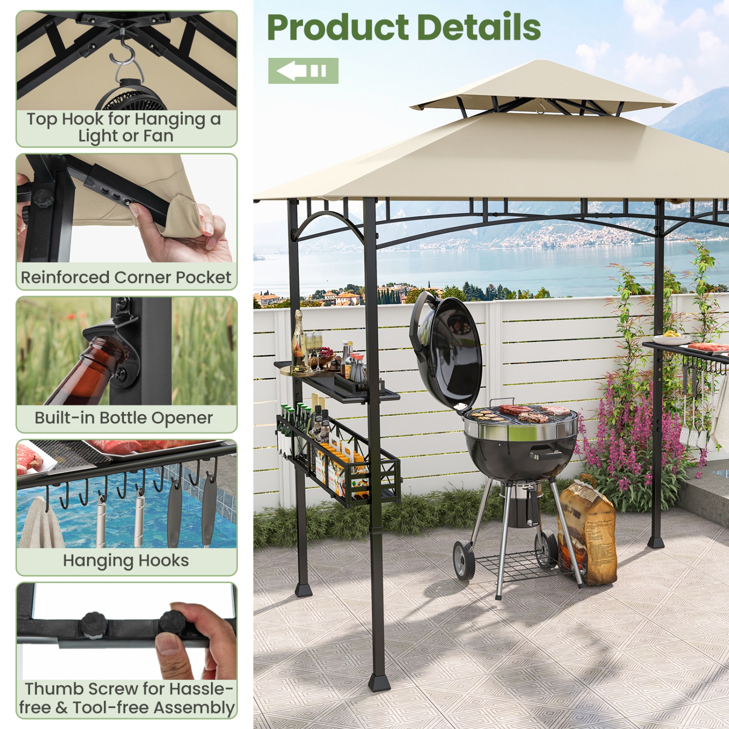 Gymax 8 x 5 FT BBQ Grill Gazebo w/ 2 Side Shelves Storage Basket Hanging Hooks Outdoor