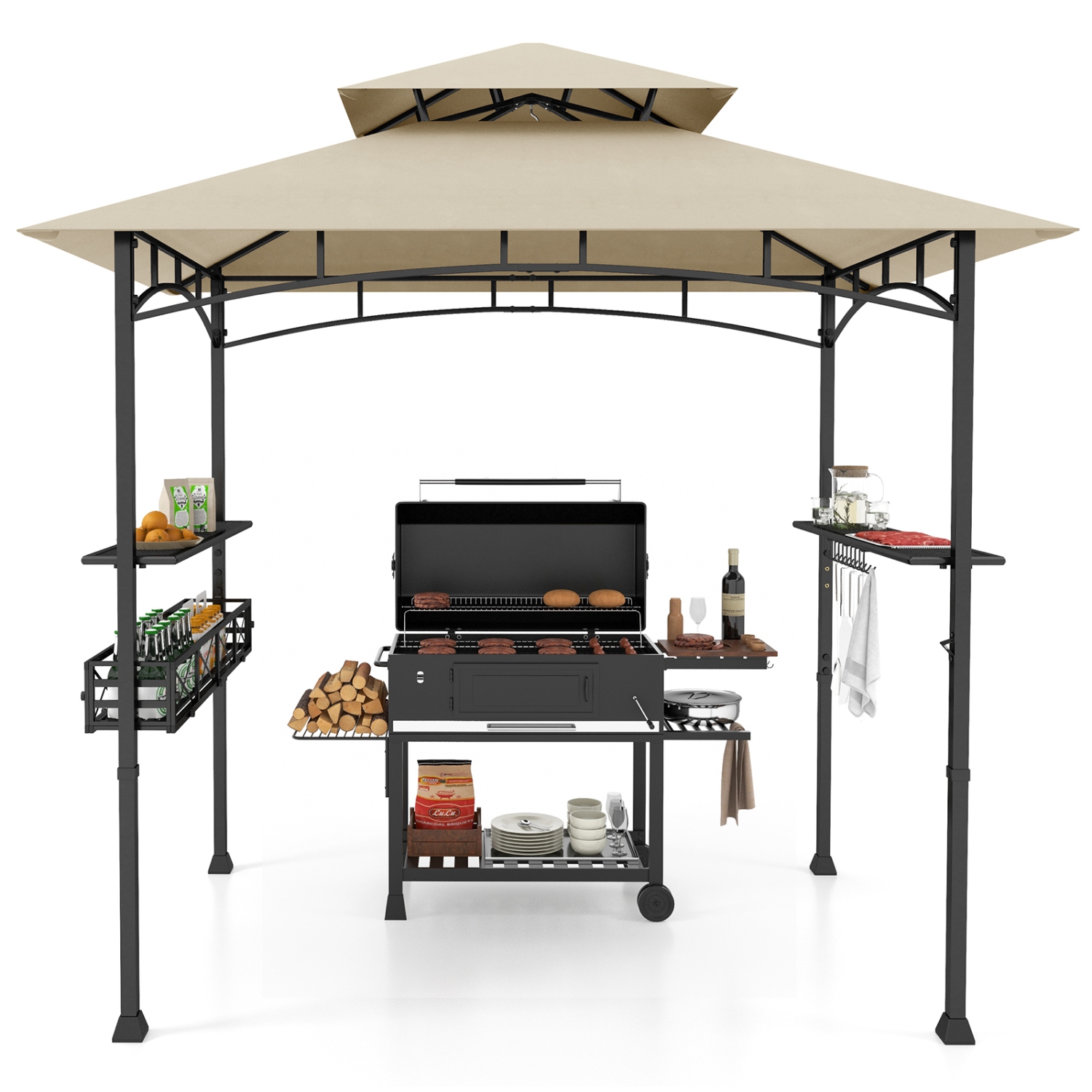 Gymax 8 x 5 FT BBQ Grill Gazebo w/ 2 Side Shelves Storage Basket Hanging Hooks Outdoor