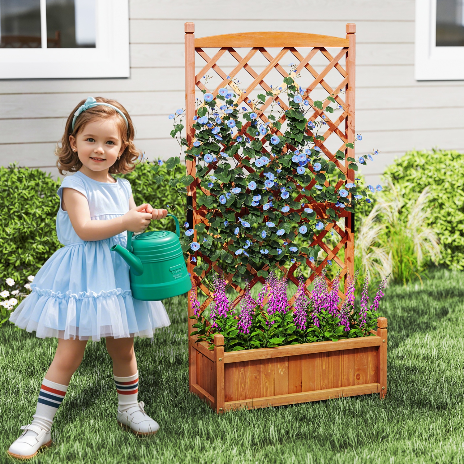 Gymax 2PCS 60'' Tall Raised Garden Bed w/Diamond Lattice Trellis Drainage Holes Outdoor