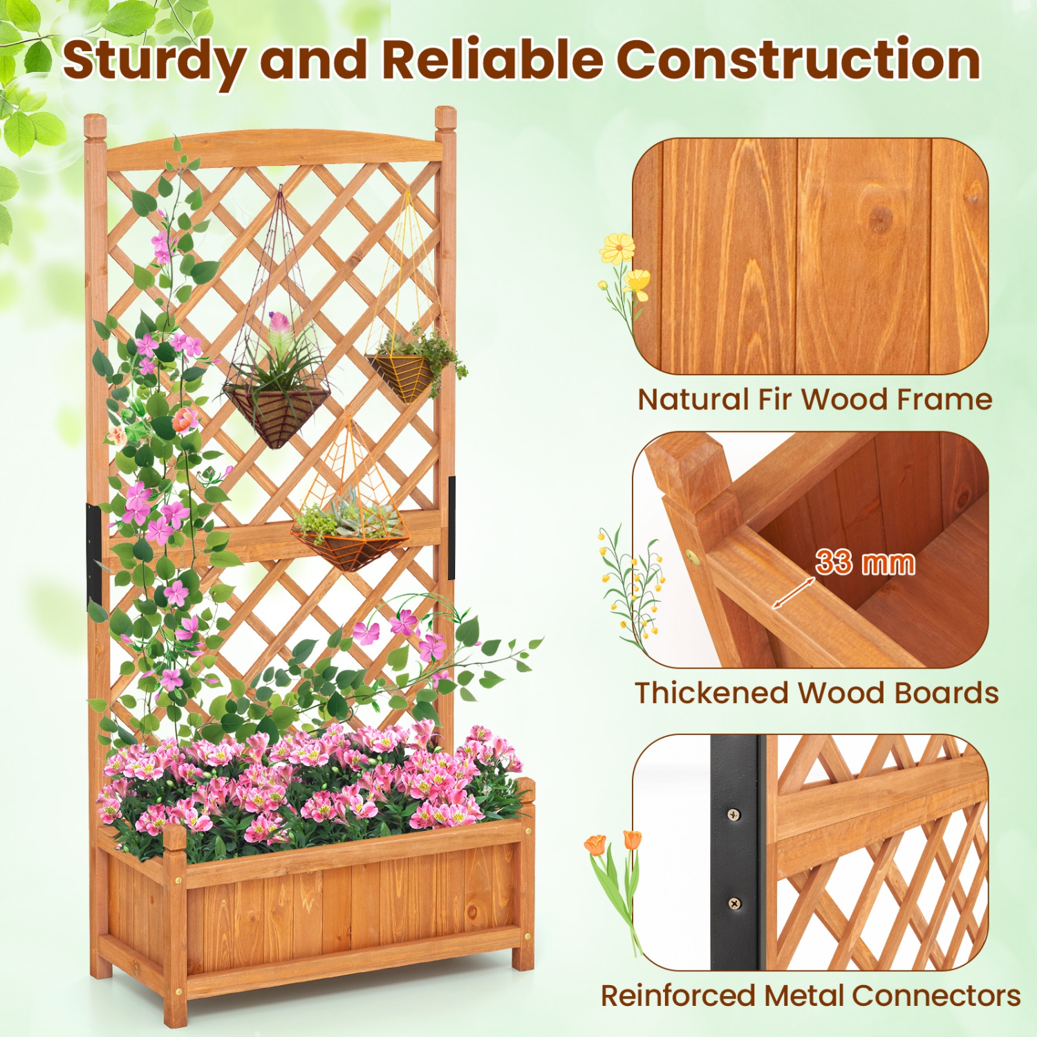 Gymax 2PCS 60'' Tall Raised Garden Bed w/Diamond Lattice Trellis Drainage Holes Outdoor