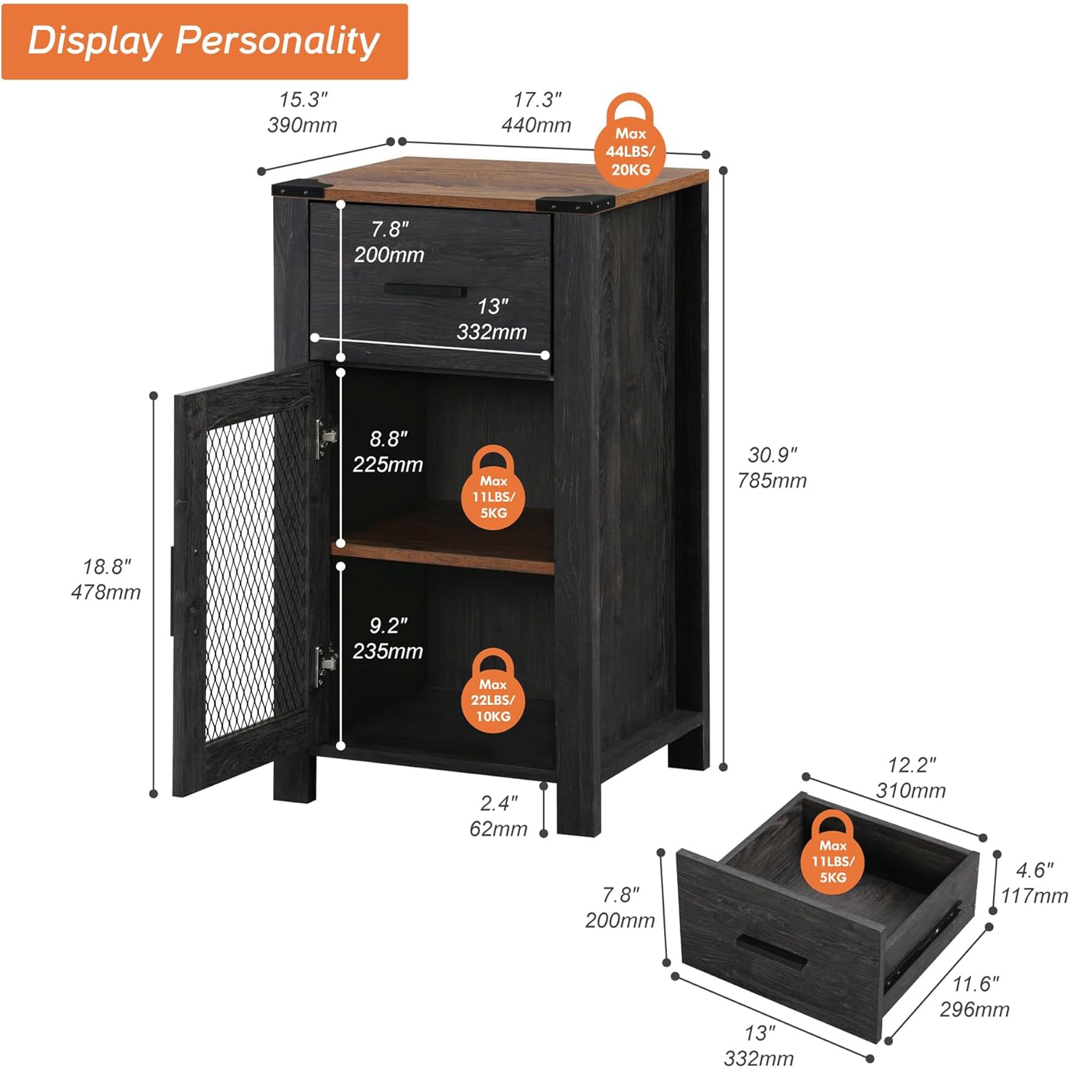 WAMPAT Farmhouse End Table with Drawer and Door Stroage, Sofa Side Bedside Table in Bedroom and Living Room, Dark Walnut and Black