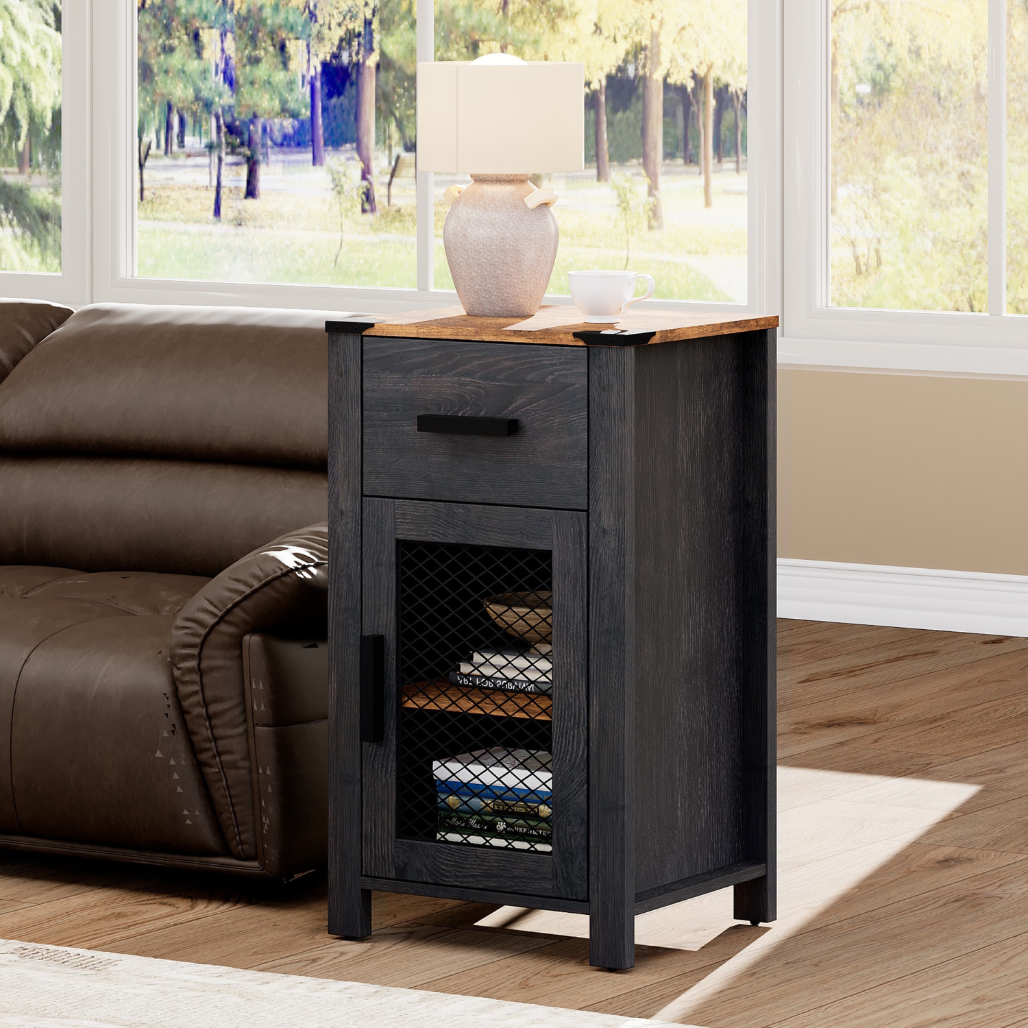 WAMPAT Farmhouse End Table with Drawer and Door Stroage, Sofa Side Bedside Table in Bedroom and Living Room, Dark Walnut and Black