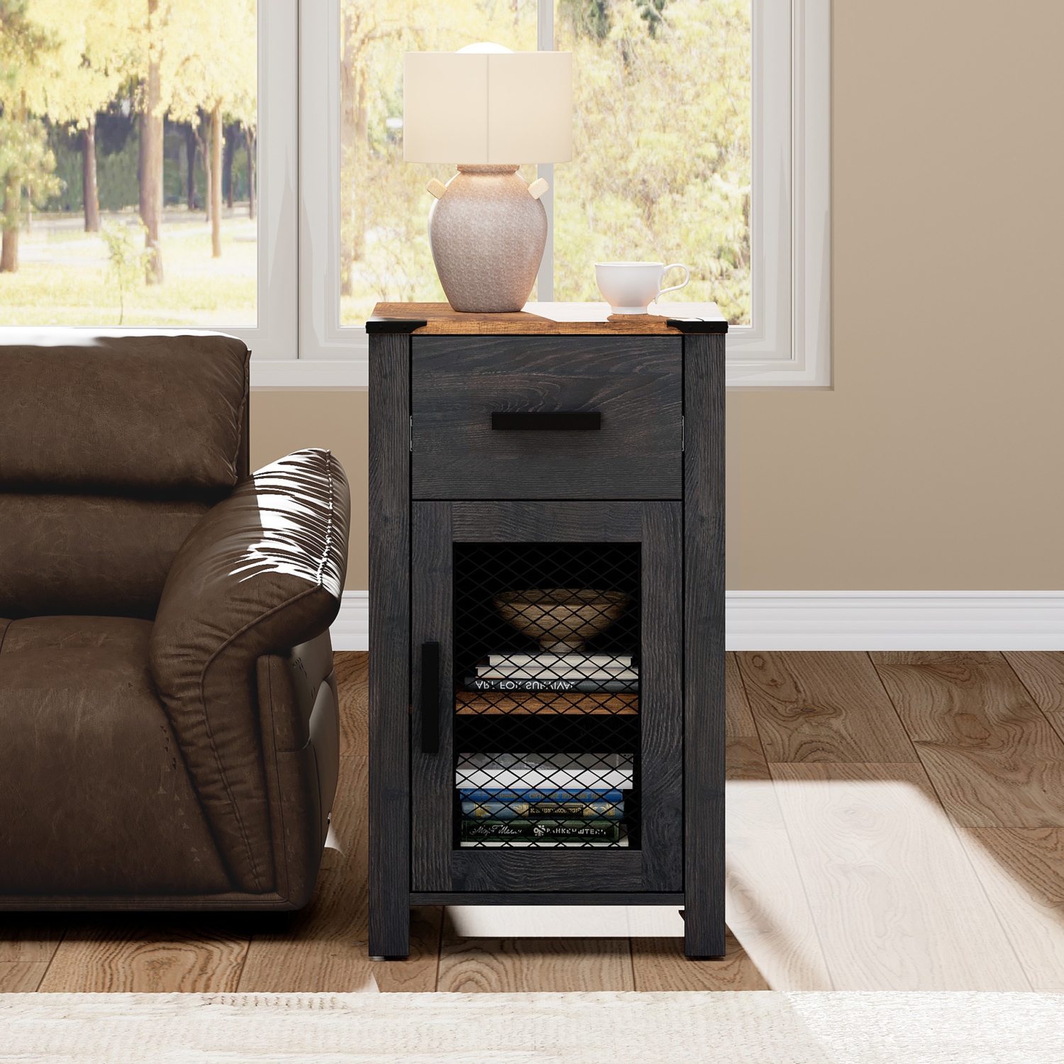 WAMPAT Farmhouse End Table with Drawer and Door Stroage, Sofa Side Bedside Table in Bedroom and Living Room, Dark Walnut and Black