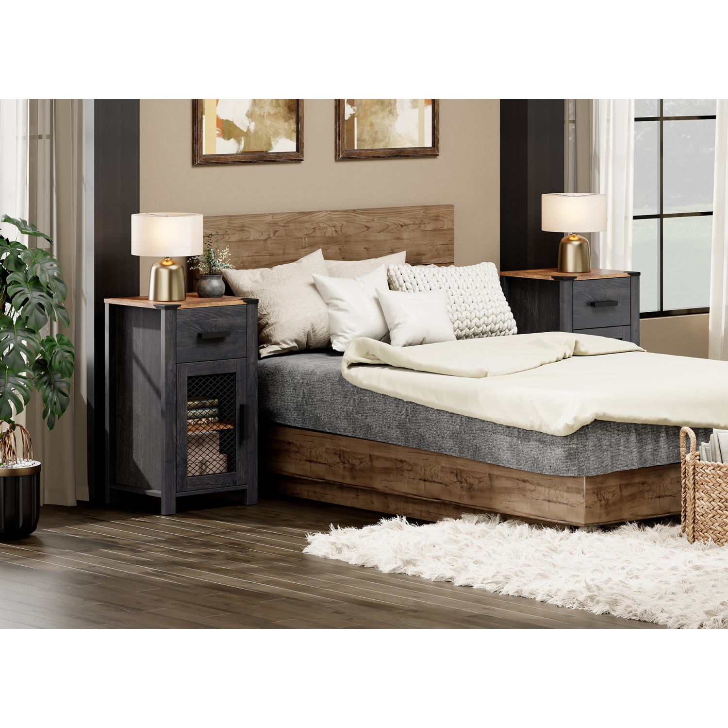 WAMPAT Farmhouse End Table with Drawer and Door Stroage, Sofa Side Bedside Table in Bedroom and Living Room, Dark Walnut and Black