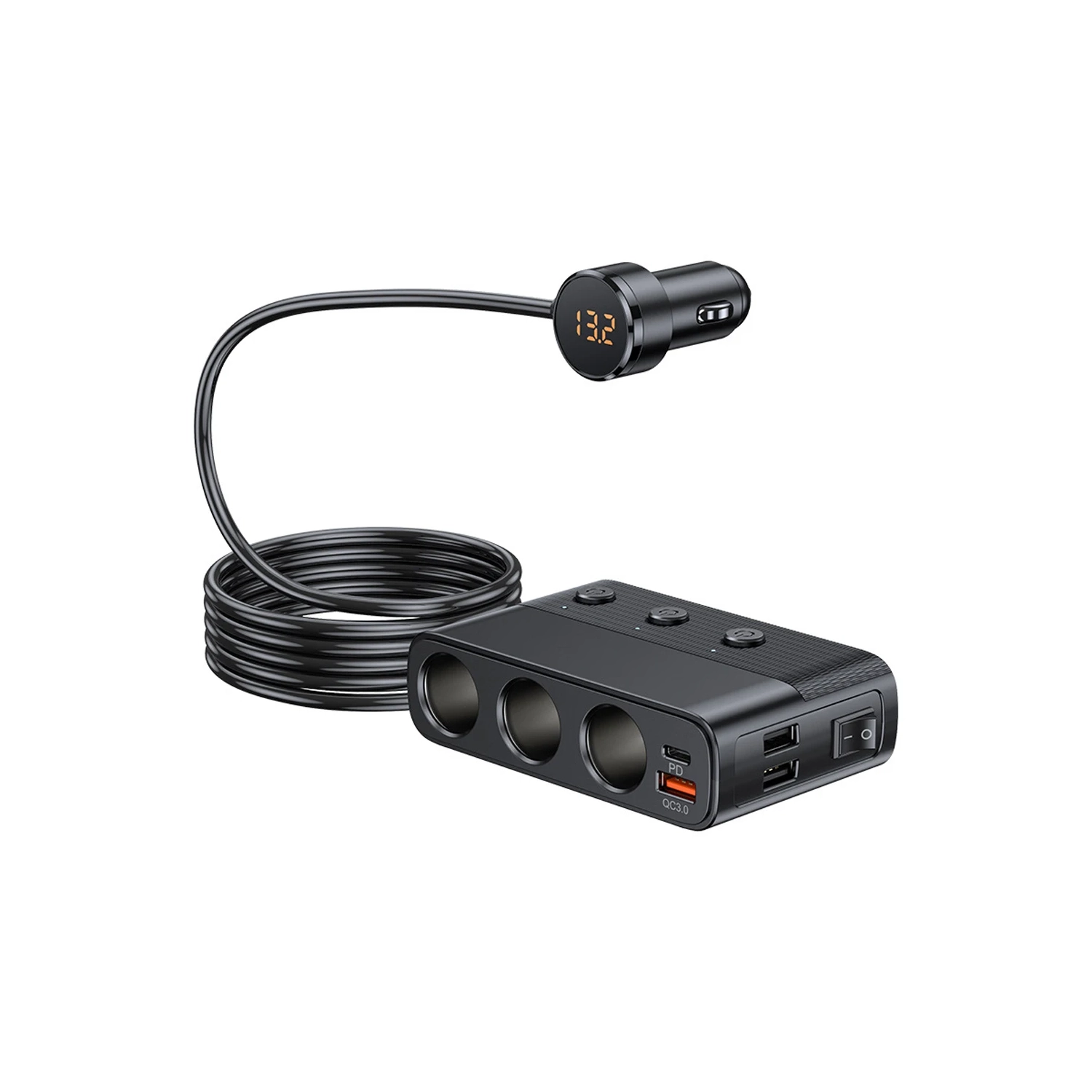 3-in-1 Car Cigarette Lighter with USB 3.0 and PD Ports, 128W 12–24V Power Splitter with Voltage Display and Independent Switch