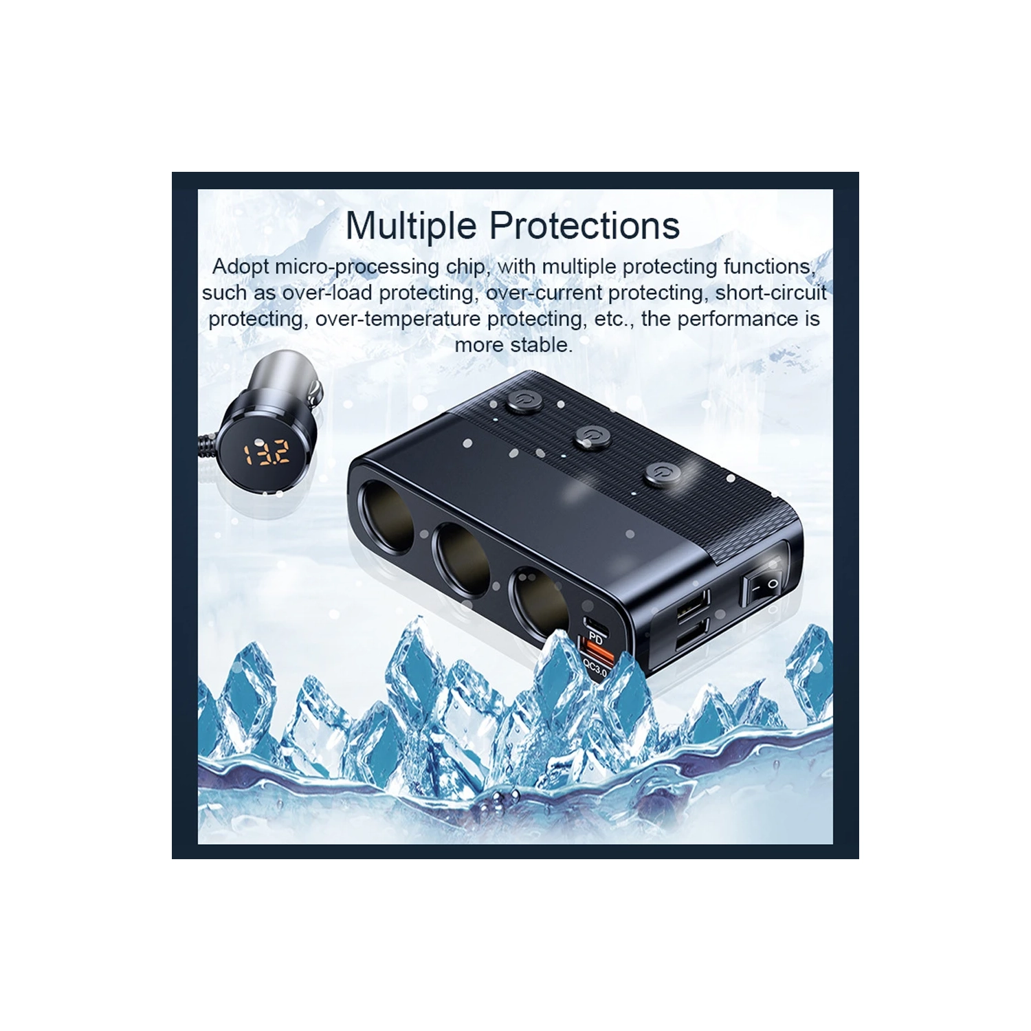 3-in-1 Car Cigarette Lighter with USB 3.0 and PD Ports, 128W 12–24V Power Splitter with Voltage Display and Independent Switch