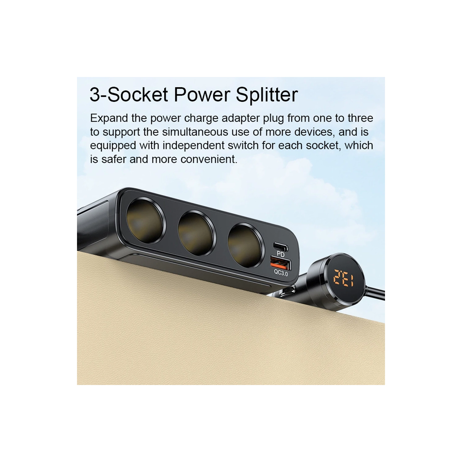 3-in-1 Car Cigarette Lighter with USB 3.0 and PD Ports, 128W 12–24V Power Splitter with Voltage Display and Independent Switch