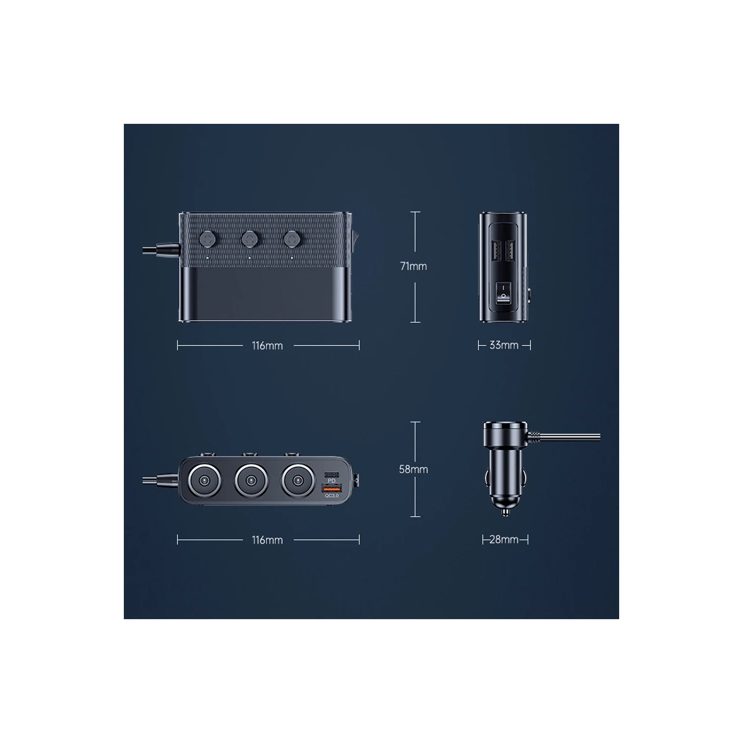 3-in-1 Car Cigarette Lighter with USB 3.0 and PD Ports, 128W 12–24V Power Splitter with Voltage Display and Independent Switch