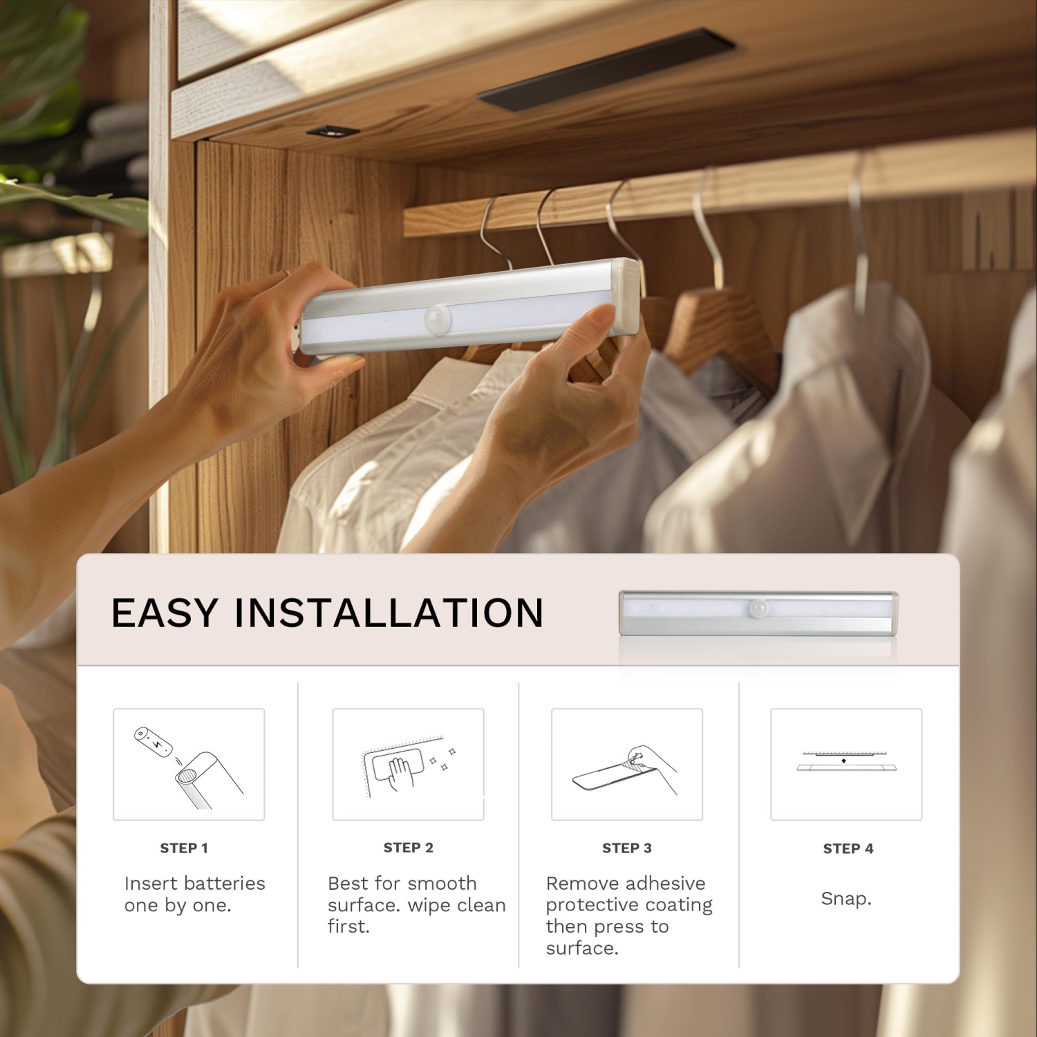 2-Pack Under Cabinet Lighting, Indoor Motion Sensor Light, LED Closet Light for Stairs, Wardrobes, and Cabinets