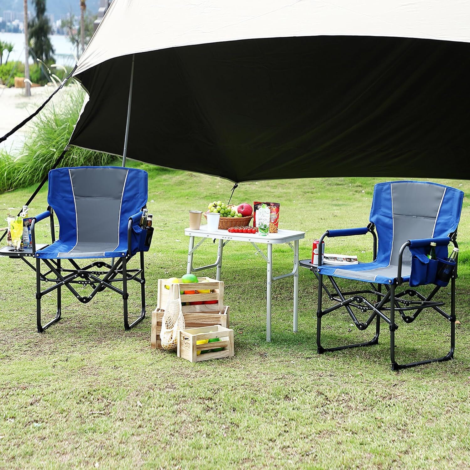 2 PCS Portable Folding Patio Directors Camping Chair for Outdoor Camping, Sports, Picnic, Blue