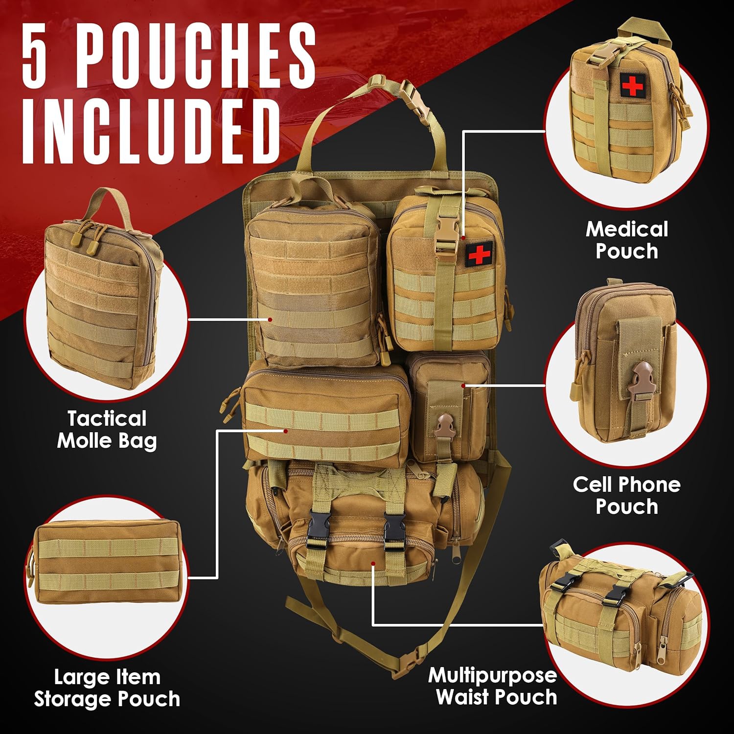 Tactical Seat Back Storage Bag, Car Backseat Storage Bag, Behind the Rear Seat, 21" x 14.5" Backseat, 5 Small Pockets - Khaki