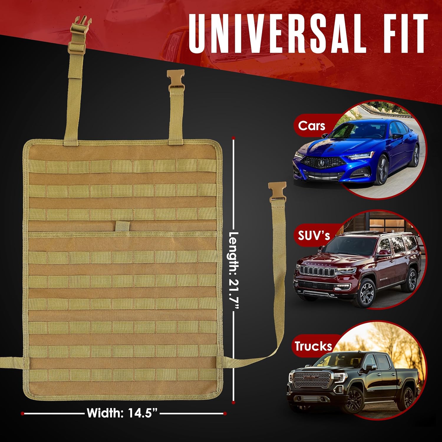 Tactical Seat Back Storage Bag, Car Backseat Storage Bag, Behind the Rear Seat, 21" x 14.5" Backseat, 5 Small Pockets - Khaki