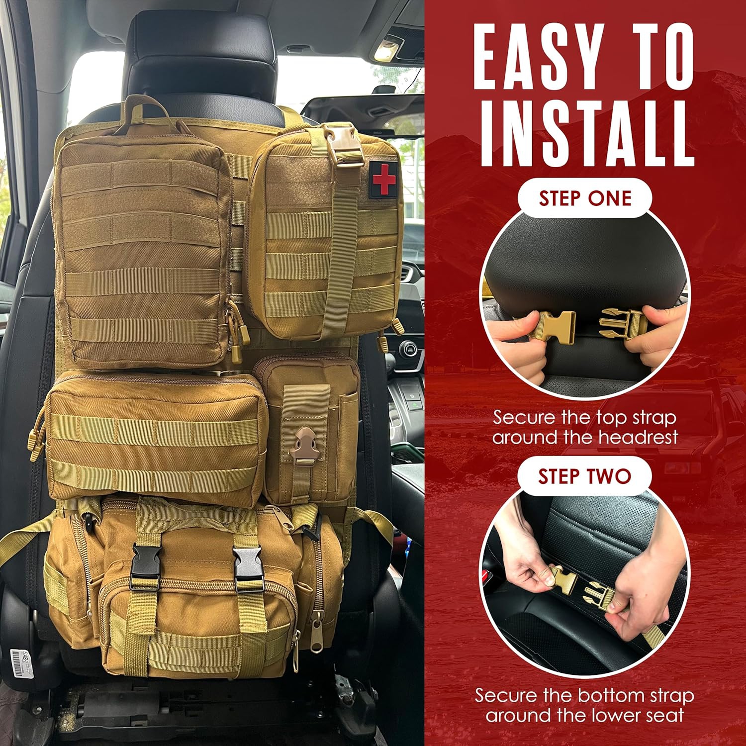 Tactical Seat Back Storage Bag, Car Backseat Storage Bag, Behind the Rear Seat, 21" x 14.5" Backseat, 5 Small Pockets - Khaki