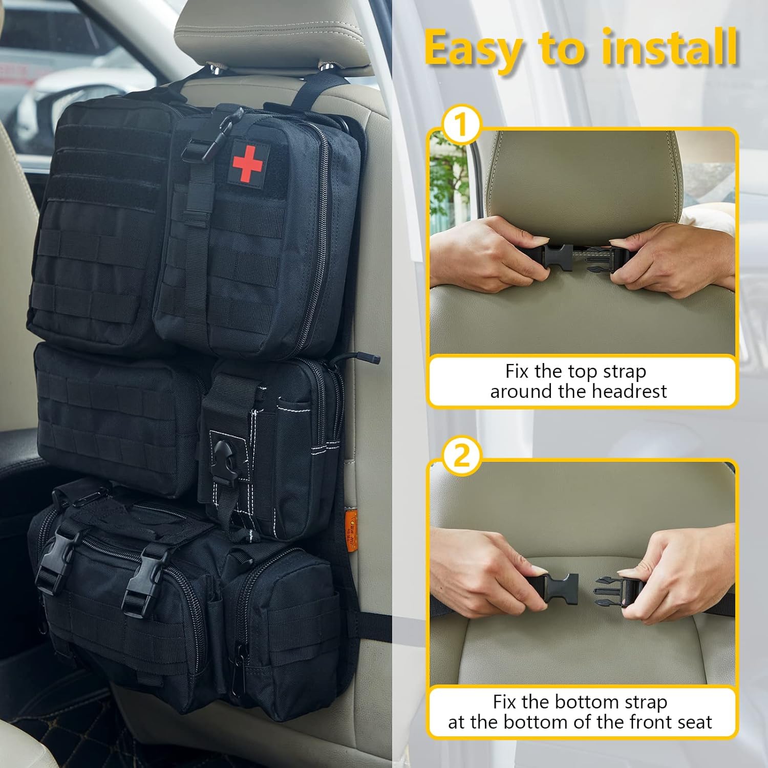 Tactical Seat Back Storage Bag, Car Backseat Storage Bag, Behind the Rear Seat, 21" x 14.5" Backseat, 5 Small Pockets - Black