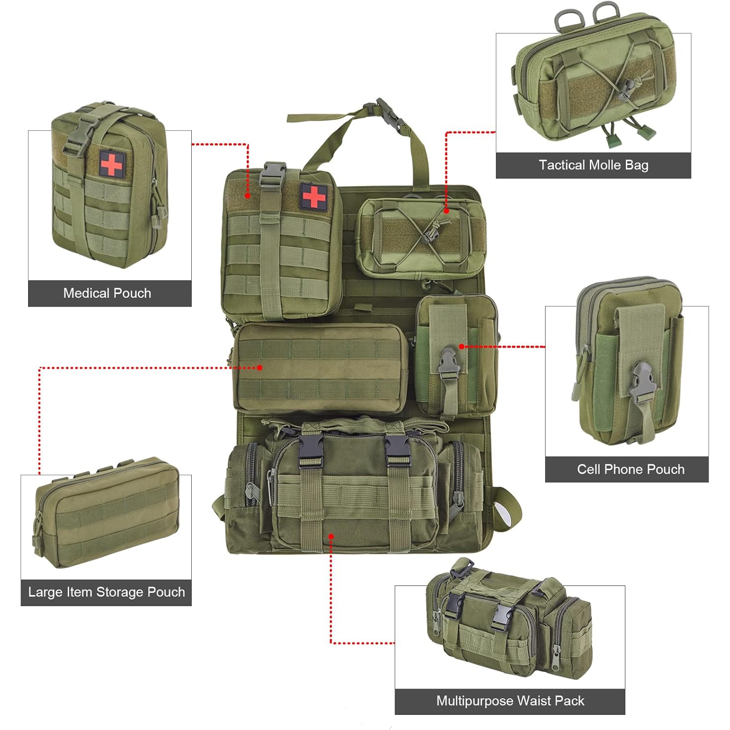 Tactical Seat Back Storage Bag, Car Backseat Storage Bag, Behind the Rear Seat, 21" x 14.5" Backseat, 5 Small Pockets - Army Green