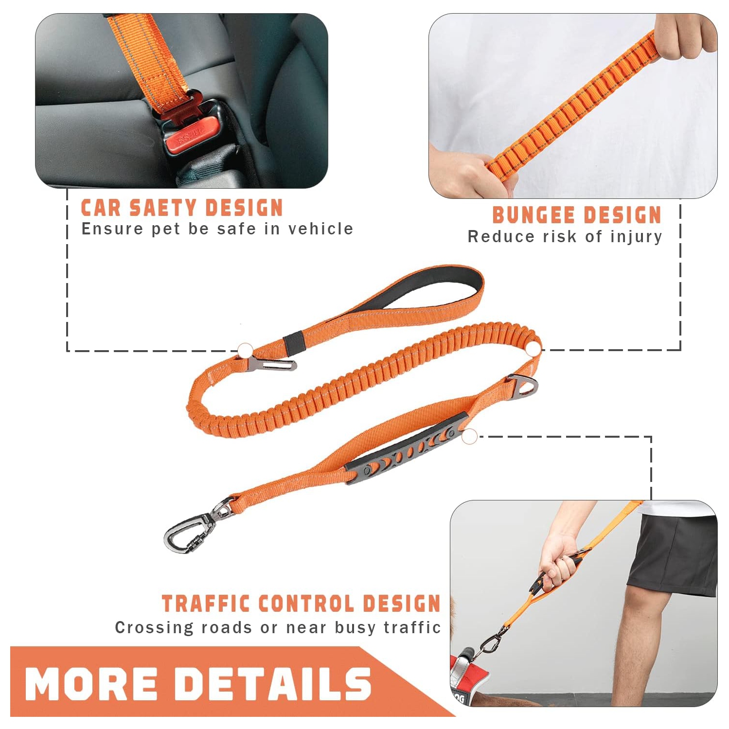 Pet Leash- Elastic Shock Absorption, Car Seat Belt Clip and Highly Reflective Thread, Double Safety Lock, 1.16-1.65M，Suitable for Medium Dogs,