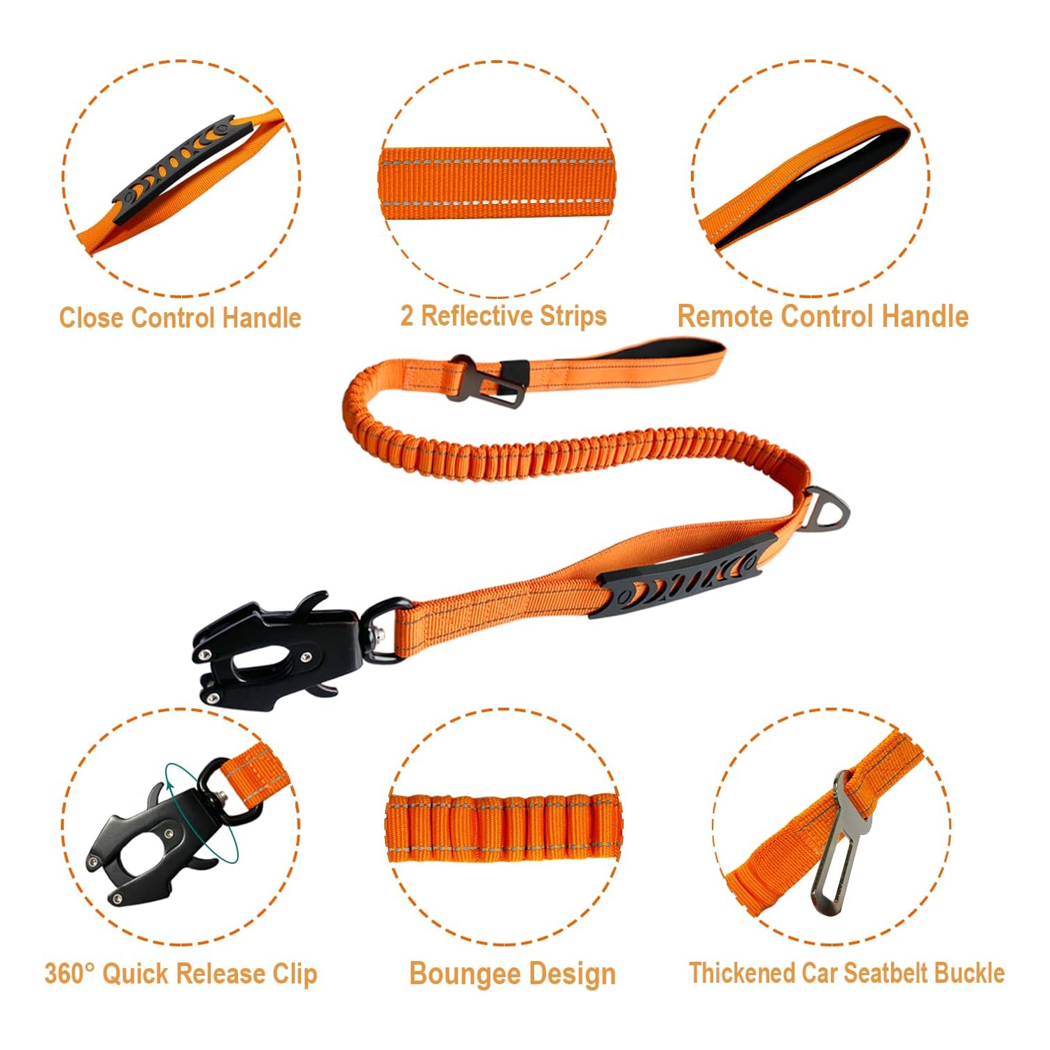 Pet Leash- Elastic Shock Absorption, Car Seat Belt Clip and Highly Reflective Thread, Double Safety Lock, 1.16-1.65M，Suitable for Medium Dogs,