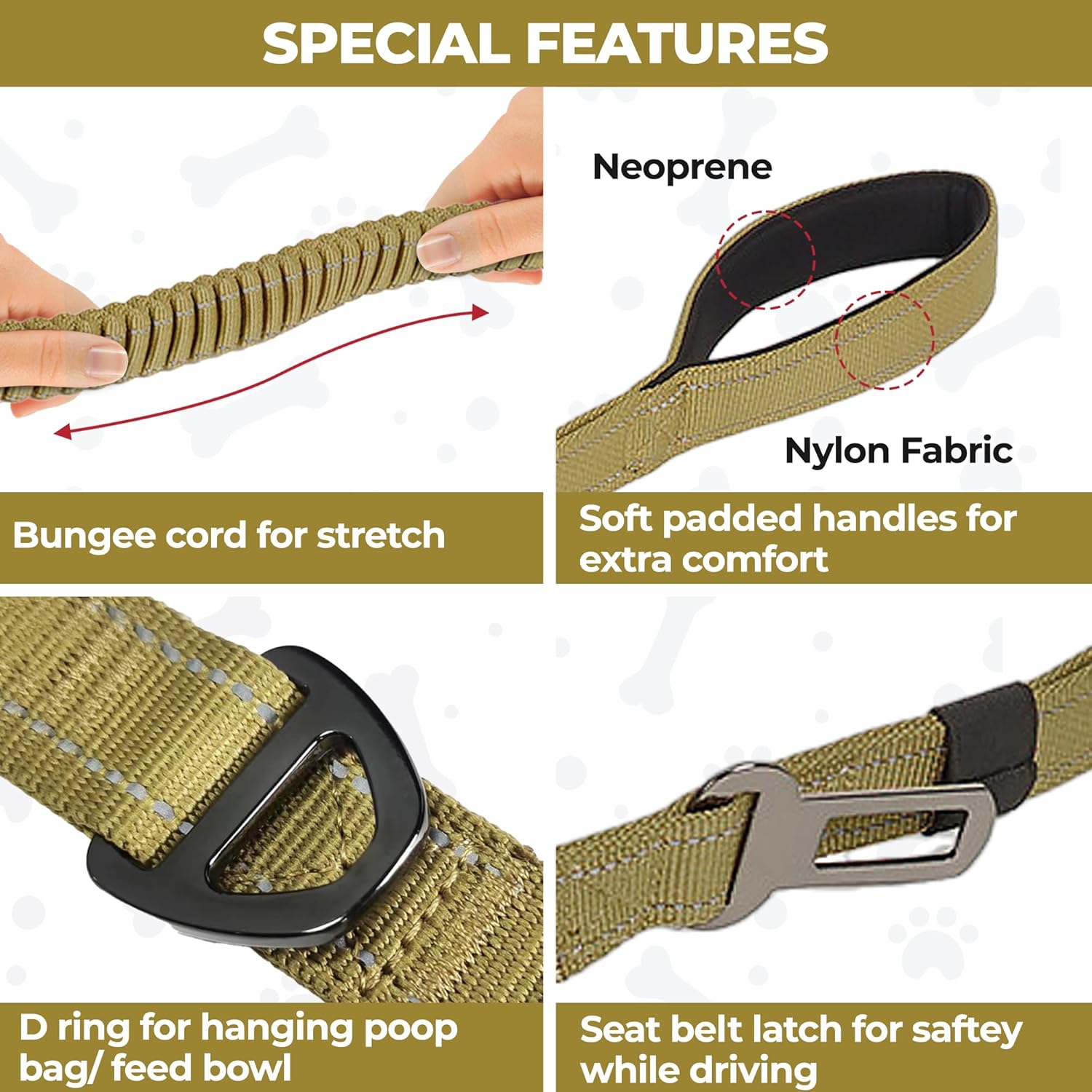 Pet Leash-Elastic Shock Absorption, Reflective Padded Handle, Comes with Car Seat Belt Clip, Adjustable Dog Leash, Suitable for Medium-Sized Dogs and