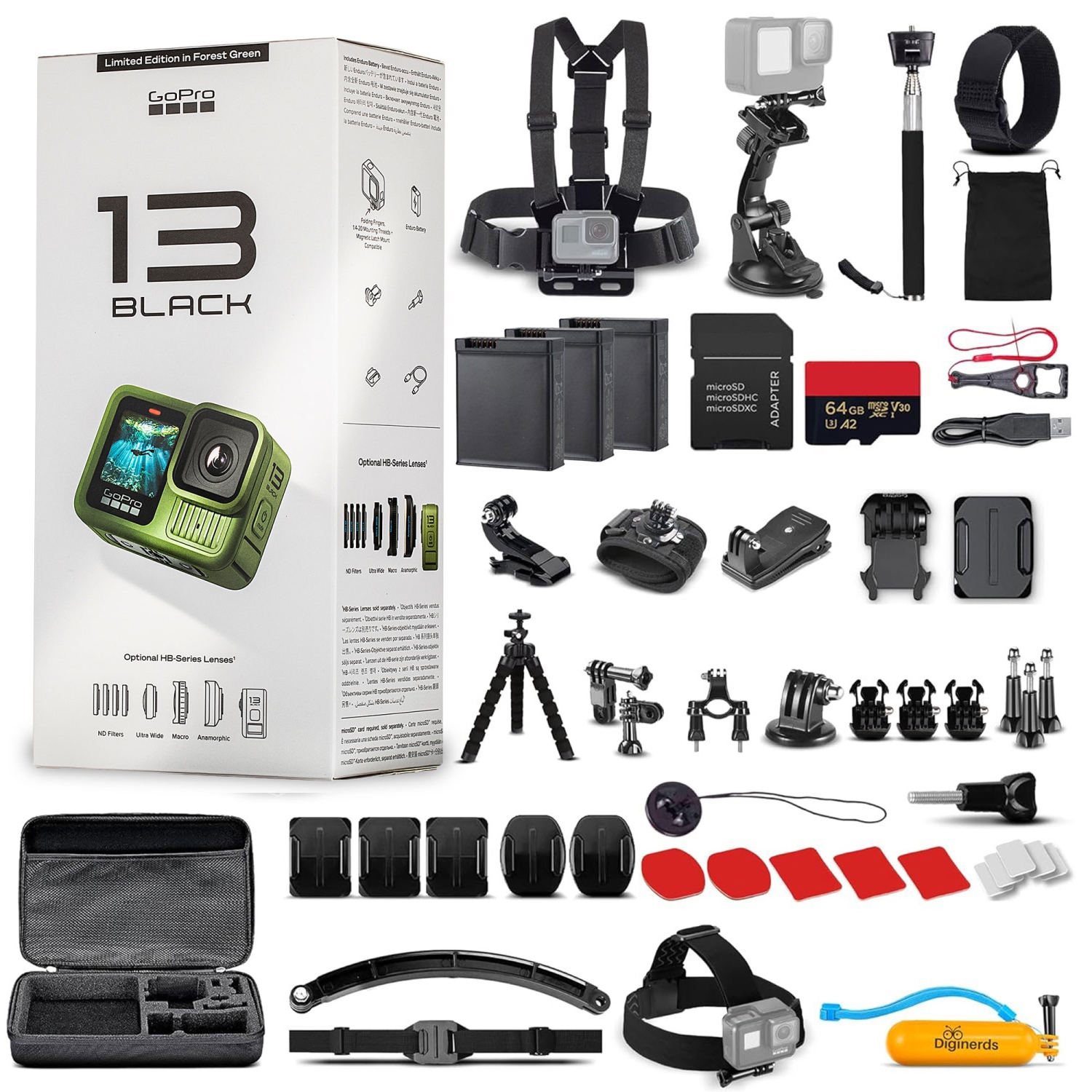 GoPro HERO13 - Action Camera + 64GB Card, 50 Piece Accessory Kit and 2 Batteries
