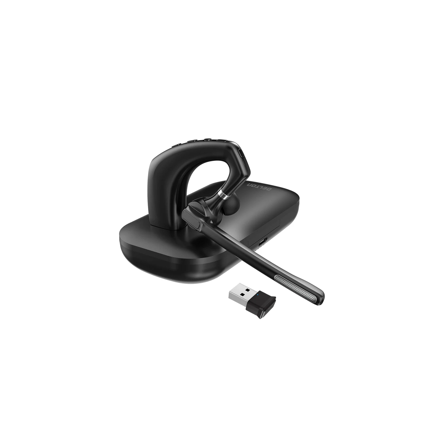 Casque d'écoute sans fil de Delton pour ordinateur avec étui de chargement et microphone à suppression du bruit – MS Teams/Zoom