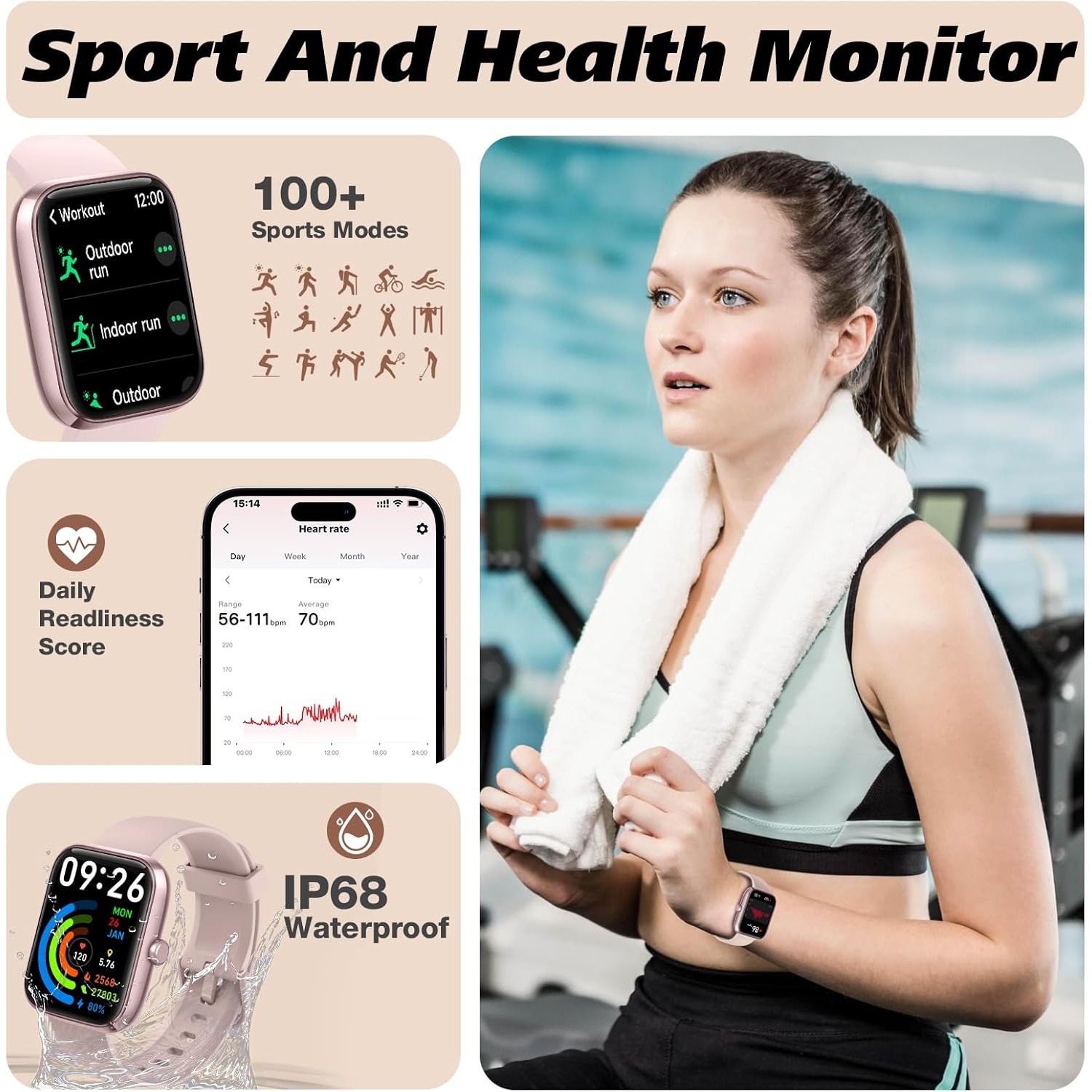 Smart Watch for Men Women 1.8" Fitness Tracker, Bluetooth Call, DIY Dial, Heart Rate Sleep Blood Oxygen Monitor, 100+ Sports Modes, IP68 Waterproof