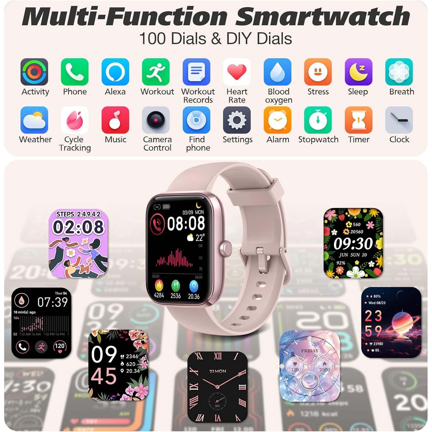 Smart Watch for Men Women 1.8" Fitness Tracker, Bluetooth Call, DIY Dial, Heart Rate Sleep Blood Oxygen Monitor, 100+ Sports Modes, IP68 Waterproof