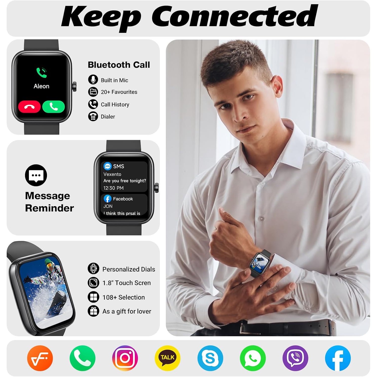 Smart Watch for Men Women 1.8" Fitness Tracker, Bluetooth Call, DIY Dial, Heart Rate Sleep Blood Oxygen Monitor, 100+ Sports Modes, IP68 Waterproof