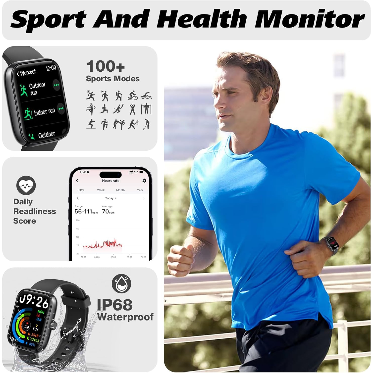 Smart Watch for Men Women 1.8" Fitness Tracker, Bluetooth Call, DIY Dial, Heart Rate Sleep Blood Oxygen Monitor, 100+ Sports Modes, IP68 Waterproof