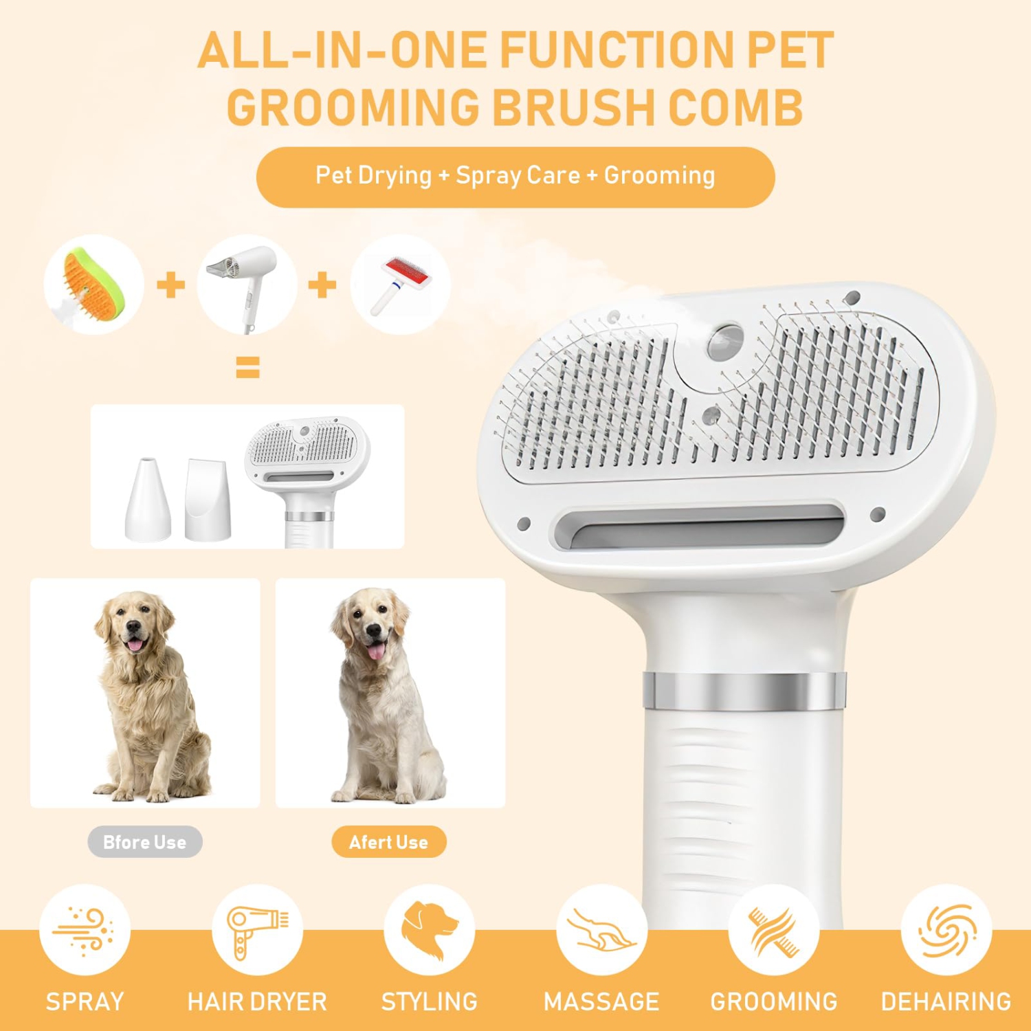 4-in-1 Pet Grooming Steam Comb & Hair Dryer with Water Tank, 3 Heat Settings, Shedding Brush for Cats and Dogs, Home Washing Station Tool