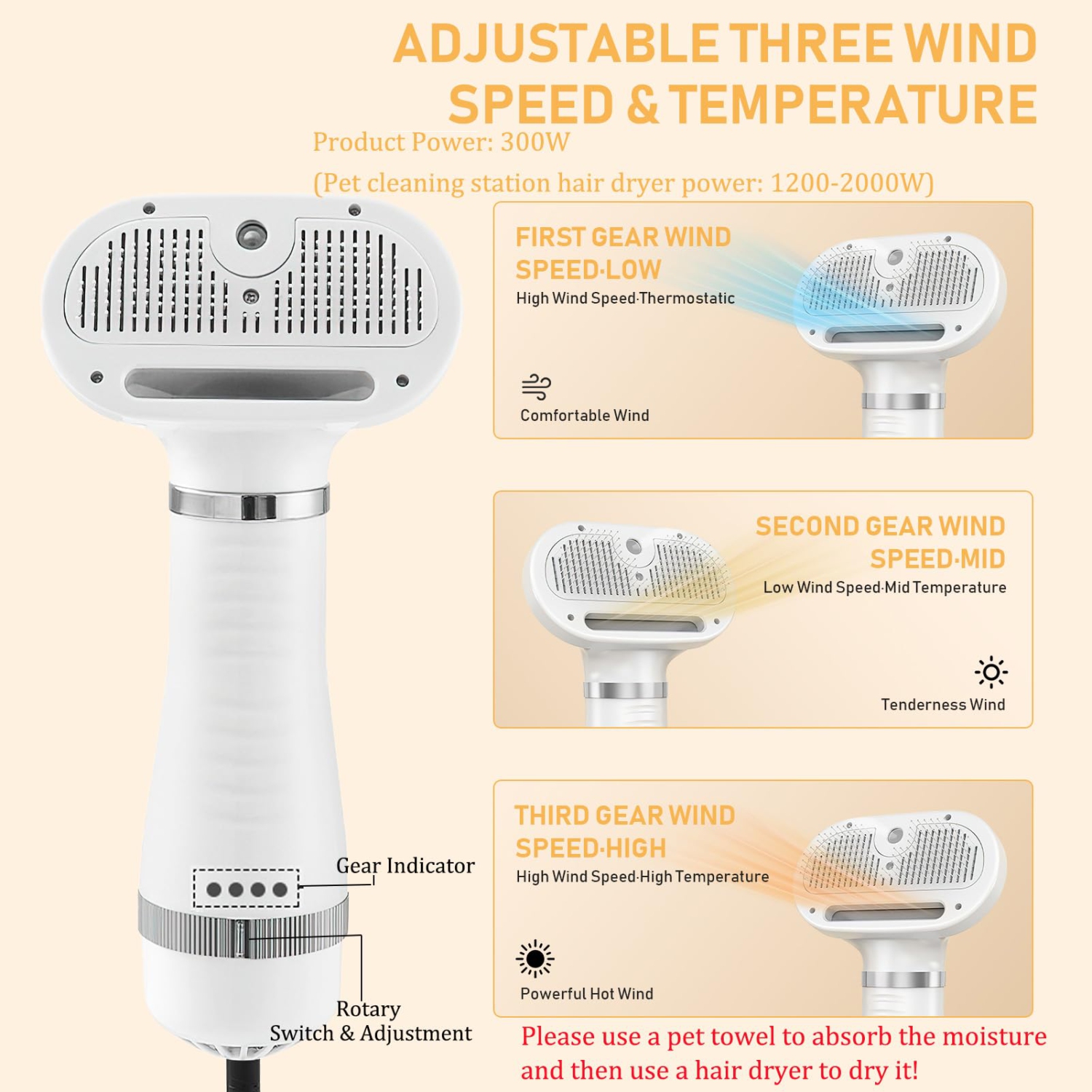 4-in-1 Pet Grooming Steam Comb & Hair Dryer with Water Tank, 3 Heat Settings, Shedding Brush for Cats and Dogs, Home Washing Station Tool