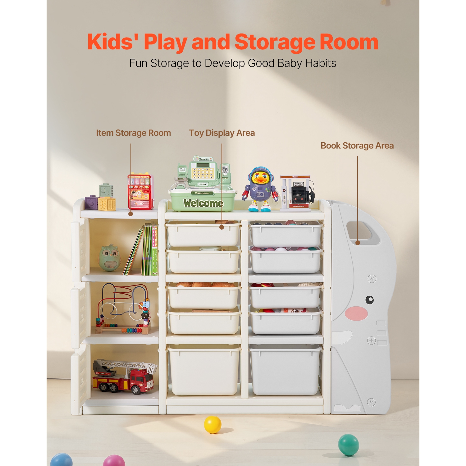 VEVOR 4-Tier Kids Toy Storage, Elephant-Shape Toy Storage Organizer with 10 Plastic Movable Bins, Kids Cubby Cabinet Made from HDPE for Study Room,