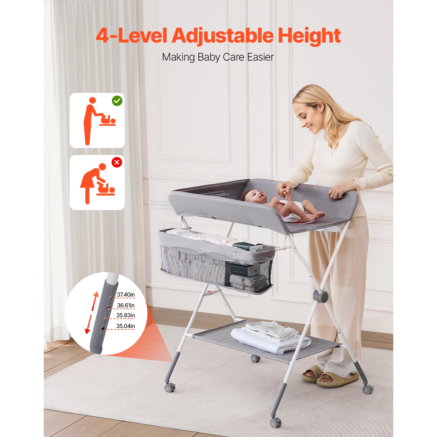 Table à langer VEVOR Baby, station à langer pliable avec panier latéral, table à langer portative à hauteur réglable avec roulettes verrouillables,