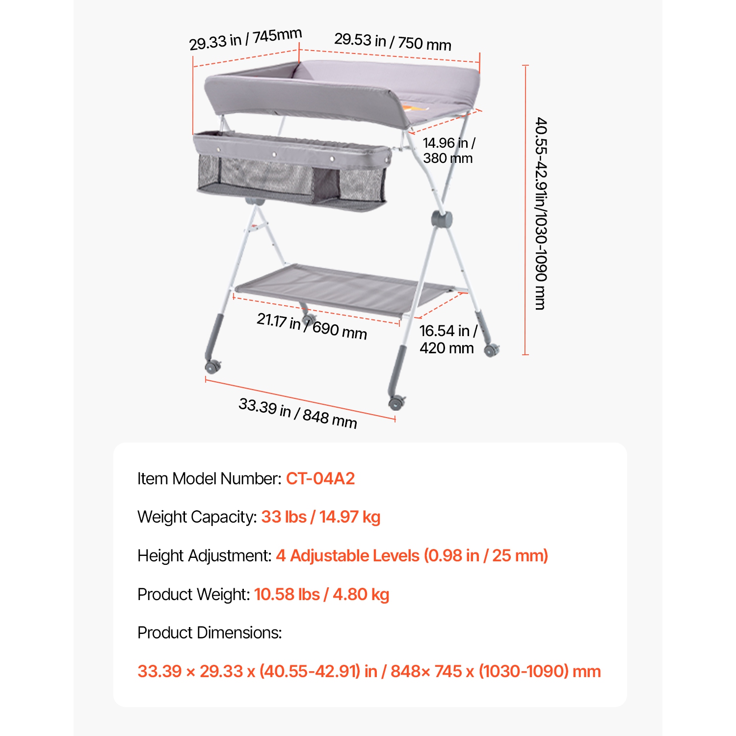 Table à langer VEVOR Baby, station à langer pliable avec panier latéral, table à langer portative à hauteur réglable avec roulettes verrouillables,