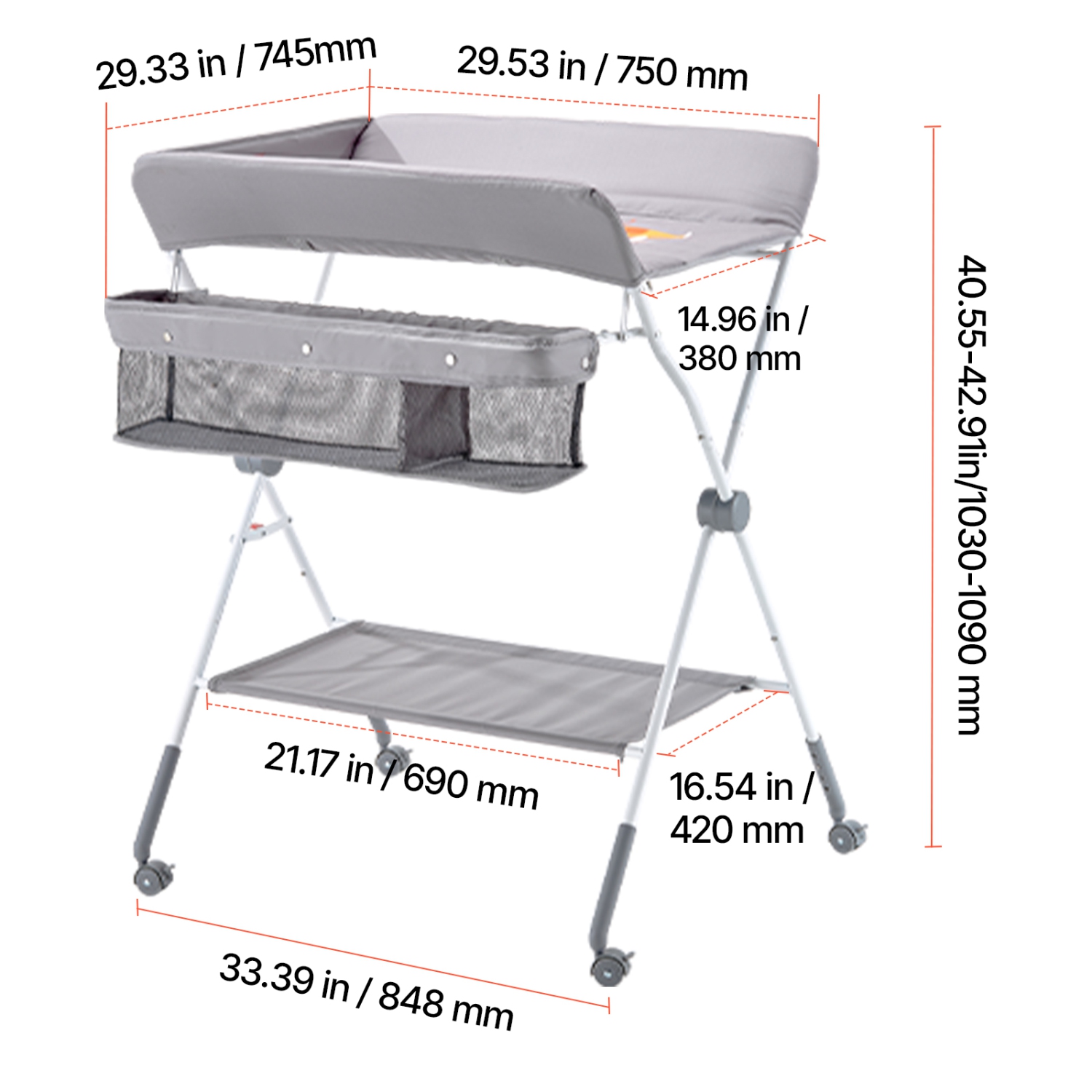 Table à langer VEVOR Baby, station à langer pliable avec panier latéral, table à langer portative à hauteur réglable avec roulettes verrouillables,