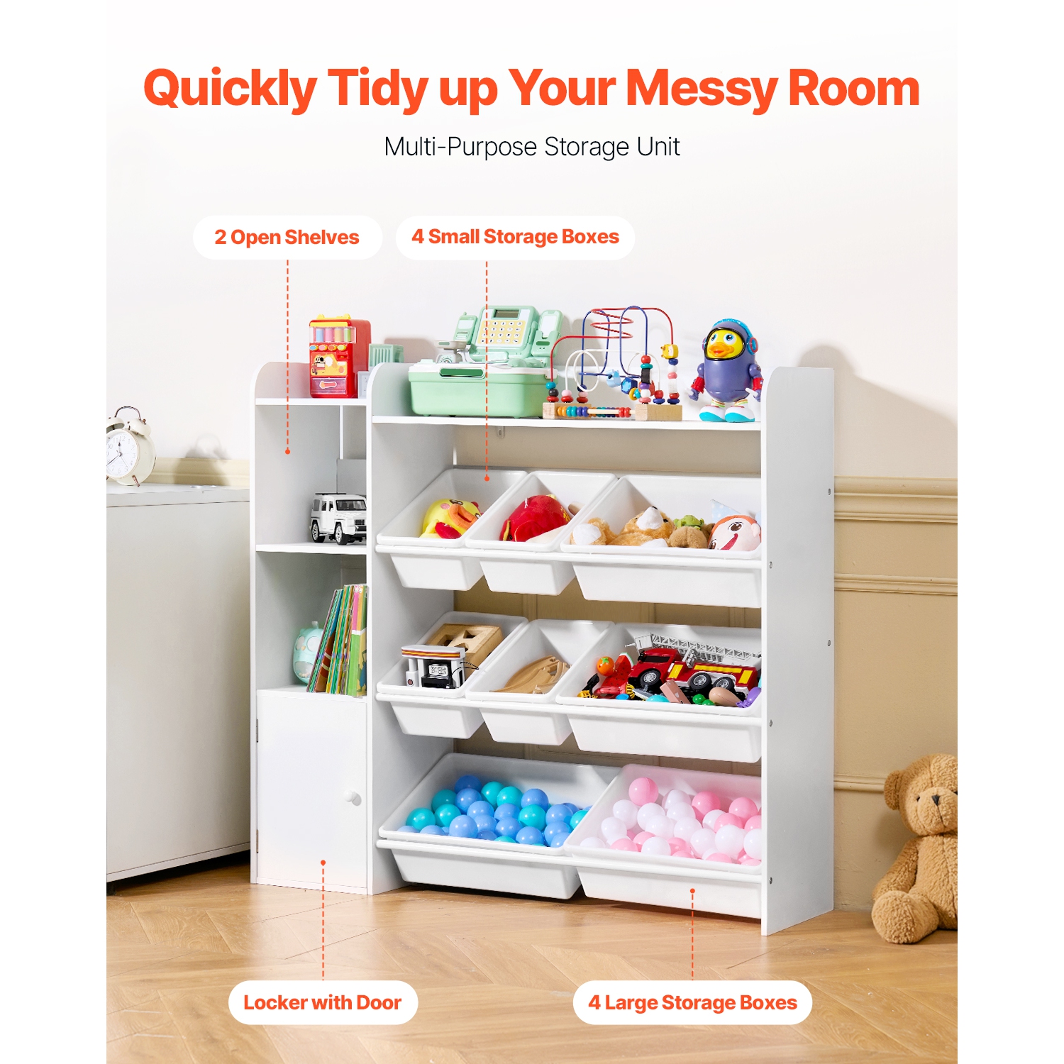 VEVOR 4-Tier Kids Toy Storage and Bookshelf, Toy Storage Organizer with 8 Flexible Plastic Bins, Kids Cubby Cabinet with Bookshelf for Study Room,