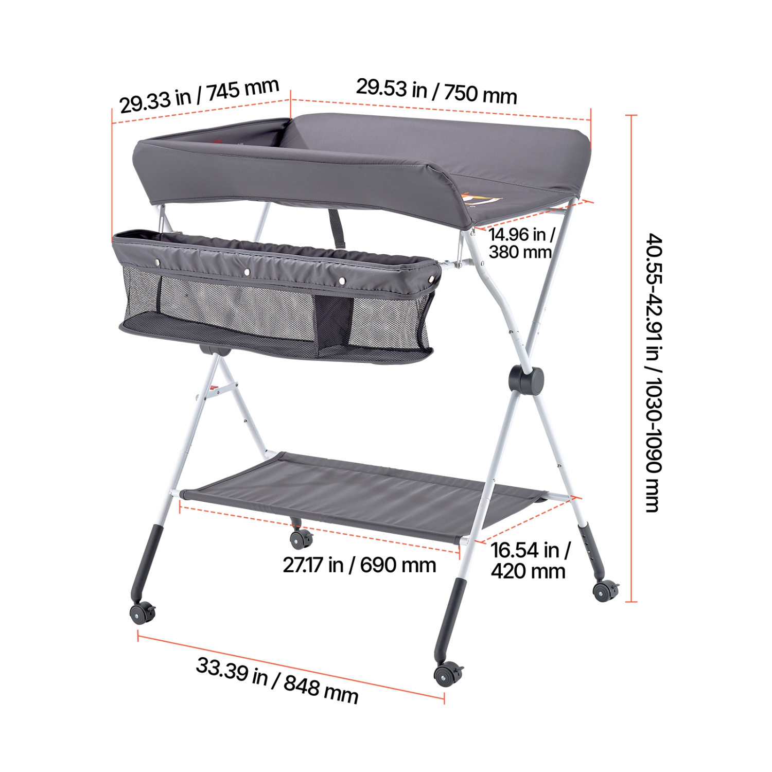 Table à langer VEVOR Baby, station à langer pliable avec panier latéral, table à langer portative à hauteur réglable avec roulettes verrouillables,