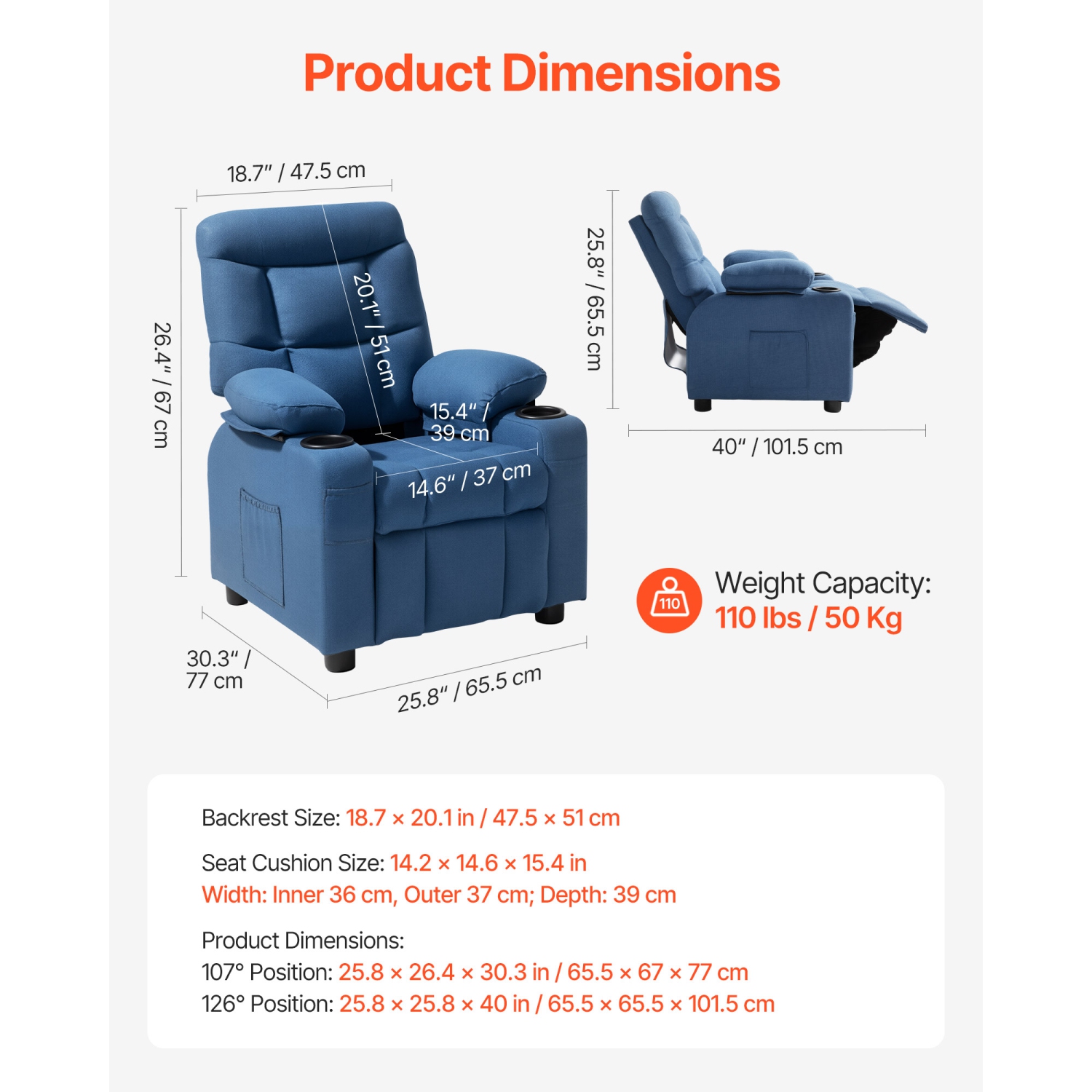 VEVOR 107° to 126° Kids Reclining Chair, Toddler Recliner with Cup Holders and Pockets, Adjustable Backrest, Breathable Polyester Fabric Recliner